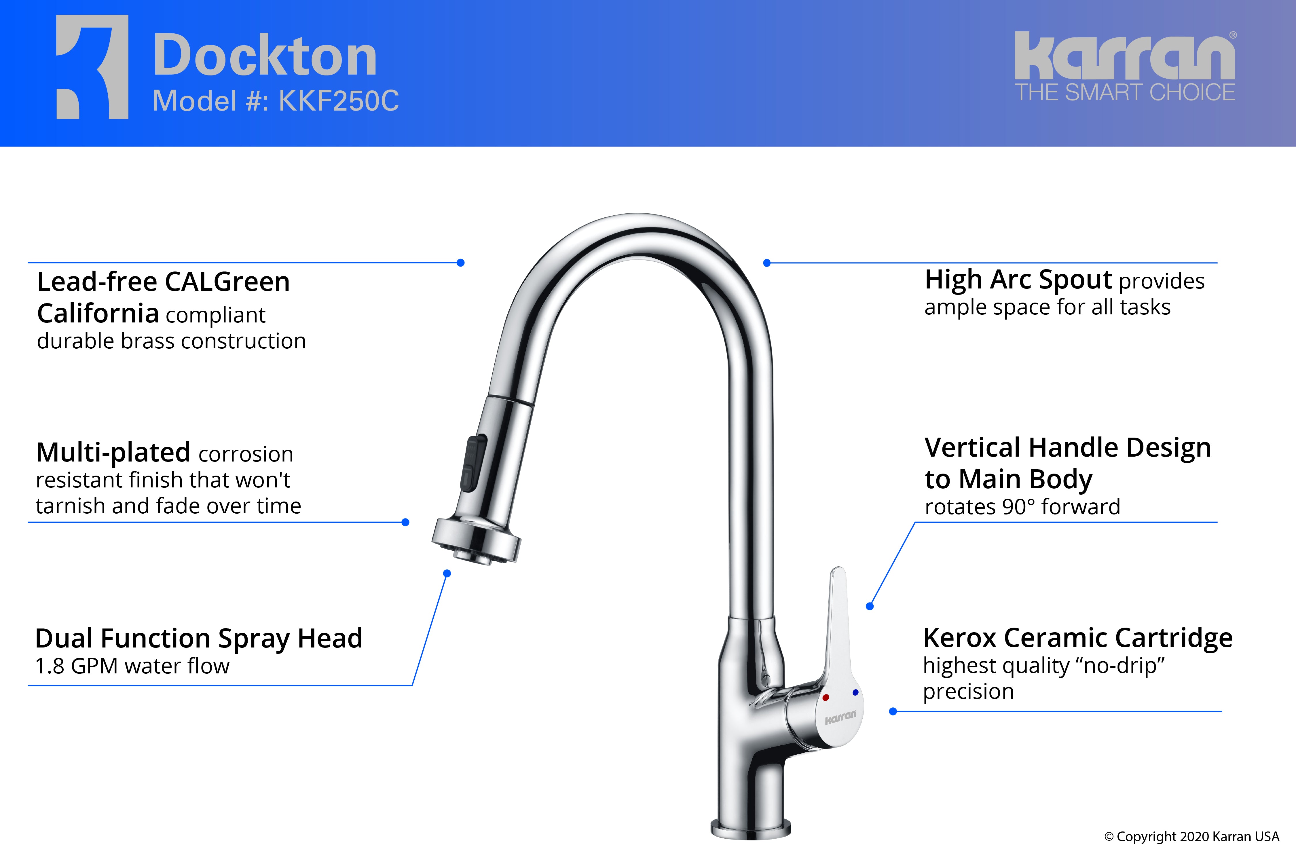 Karran Dockton Single Lever Handle Lead-free Brass ADA Kitchen Faucet, Pull Down, Chrome, KKF250C