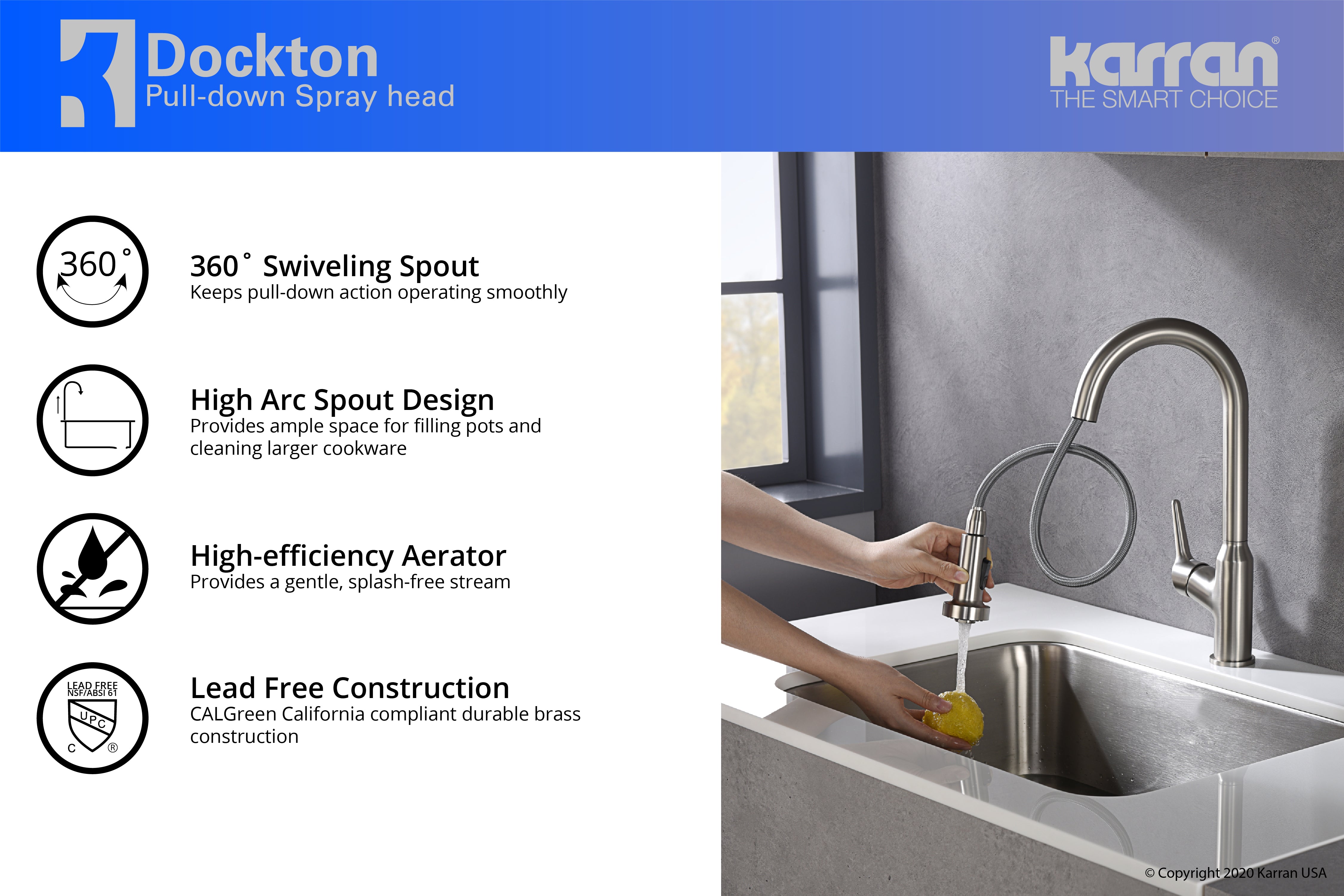 Karran Dockton Single Lever Handle Lead-free Brass ADA Kitchen Faucet, Pull Down, Stainless Steel, KKF250SS