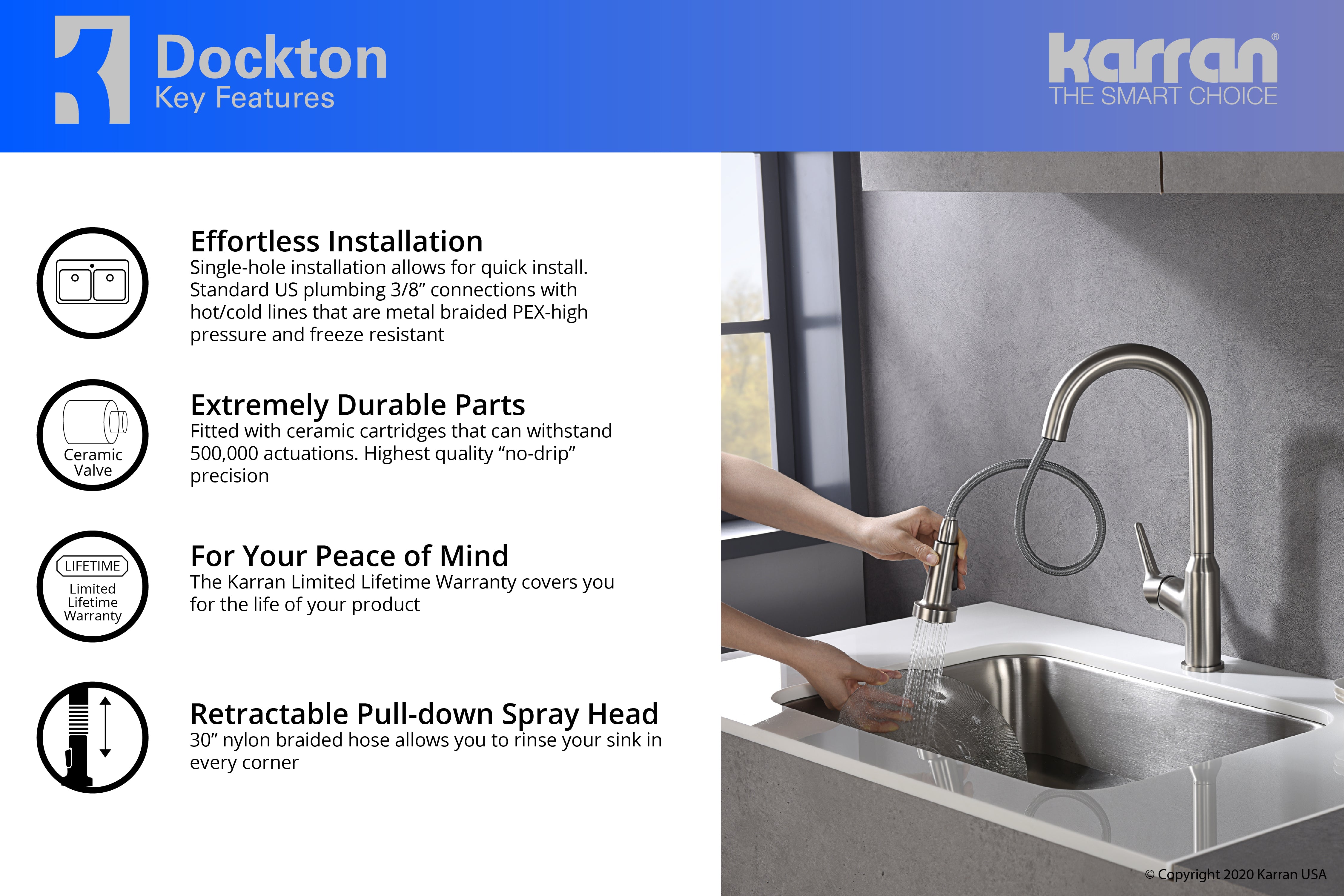 Karran Dockton Single Lever Handle Lead-free Brass ADA Kitchen Faucet, Pull Down, Stainless Steel, KKF250SS