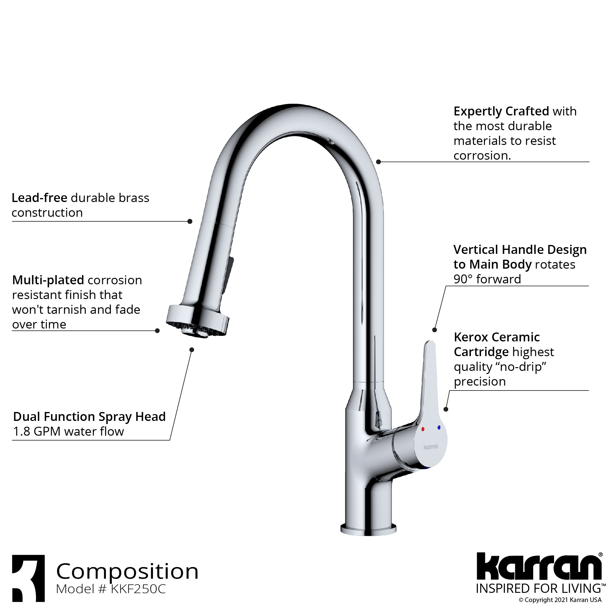 Karran Dockton 1.8 GPM Single Lever Handle Lead-free Brass ADA Kitchen Faucet, Pull-Down Kitchen, Chrome, KKF250SD25C