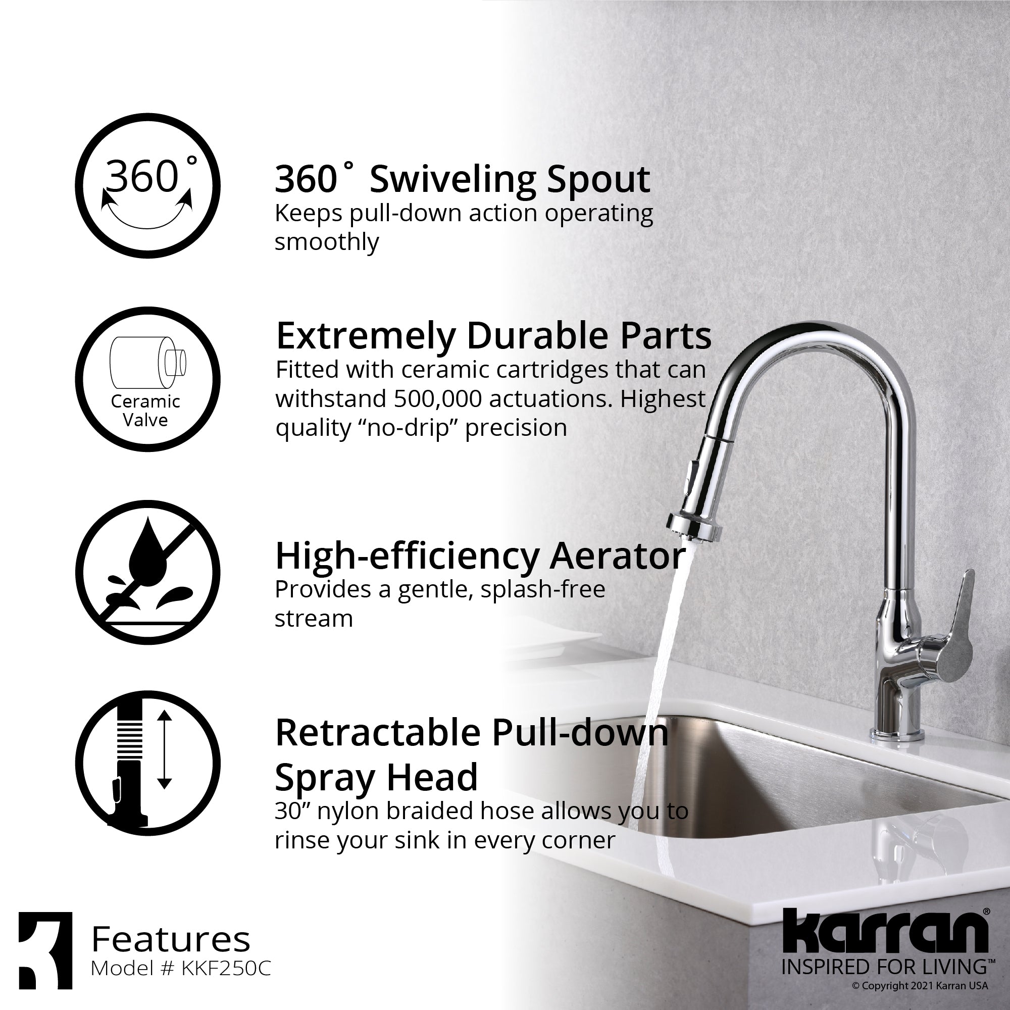 Karran Dockton 1.8 GPM Single Lever Handle Lead-free Brass ADA Kitchen Faucet, Pull-Down Kitchen, Chrome, KKF250SD25C