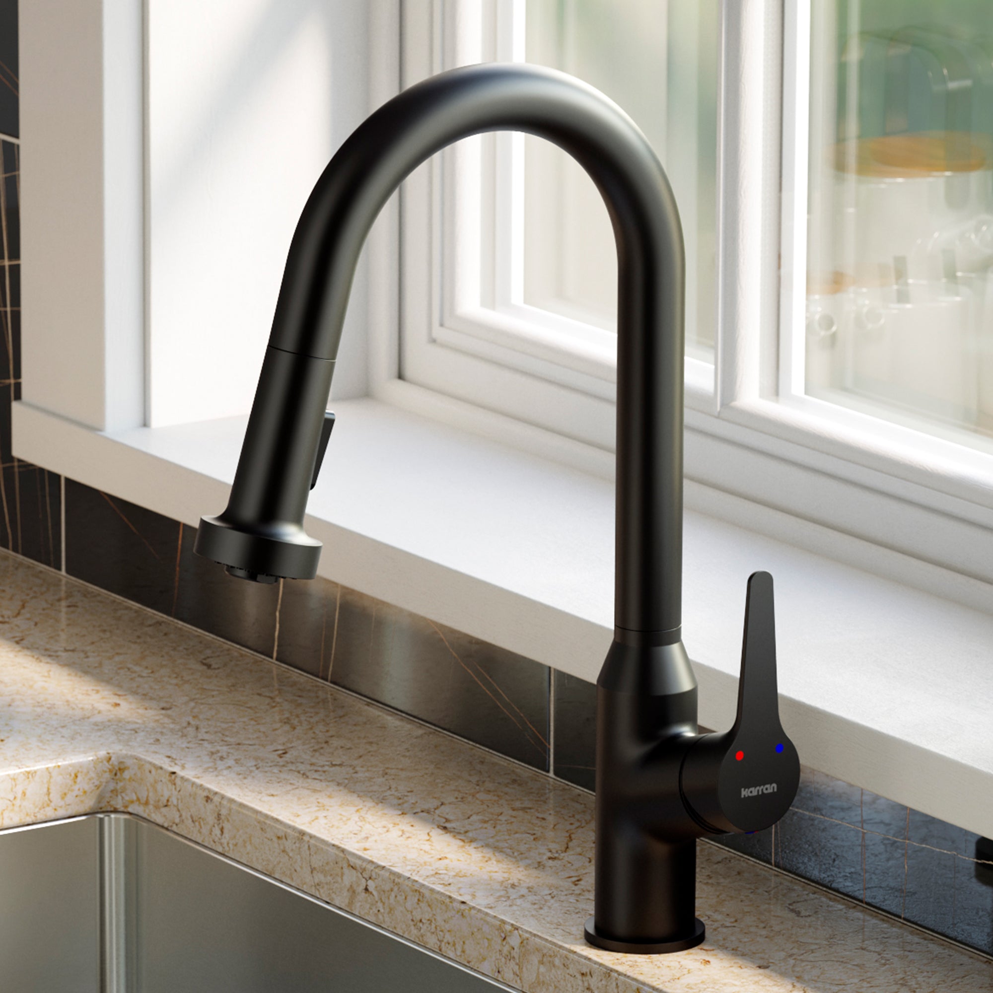 Karran Dockton 1.8 GPM Single Lever Handle Lead-free Brass ADA Kitchen Faucet, Pull-Down Kitchen, Matte Black, KKF250SD25MB