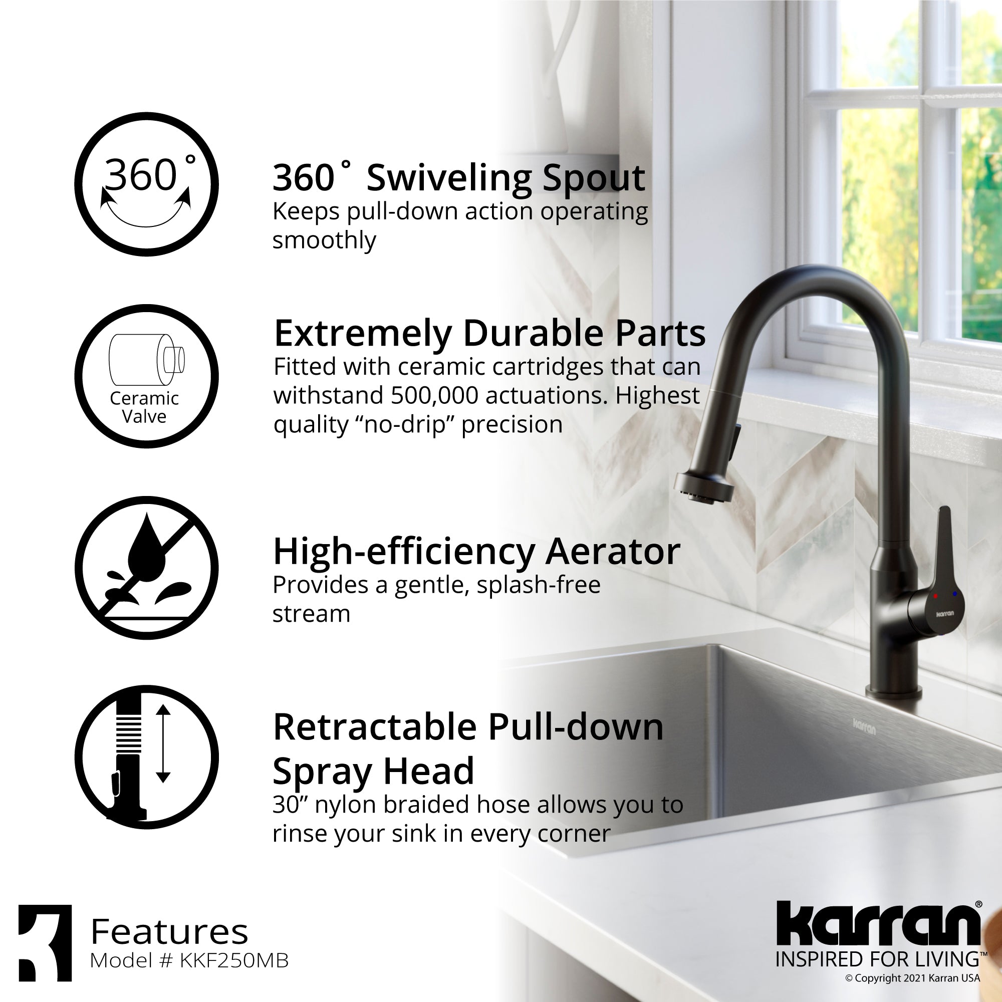 Karran Dockton 1.8 GPM Single Lever Handle Lead-free Brass ADA Kitchen Faucet, Pull-Down Kitchen, Matte Black, KKF250SD25MB