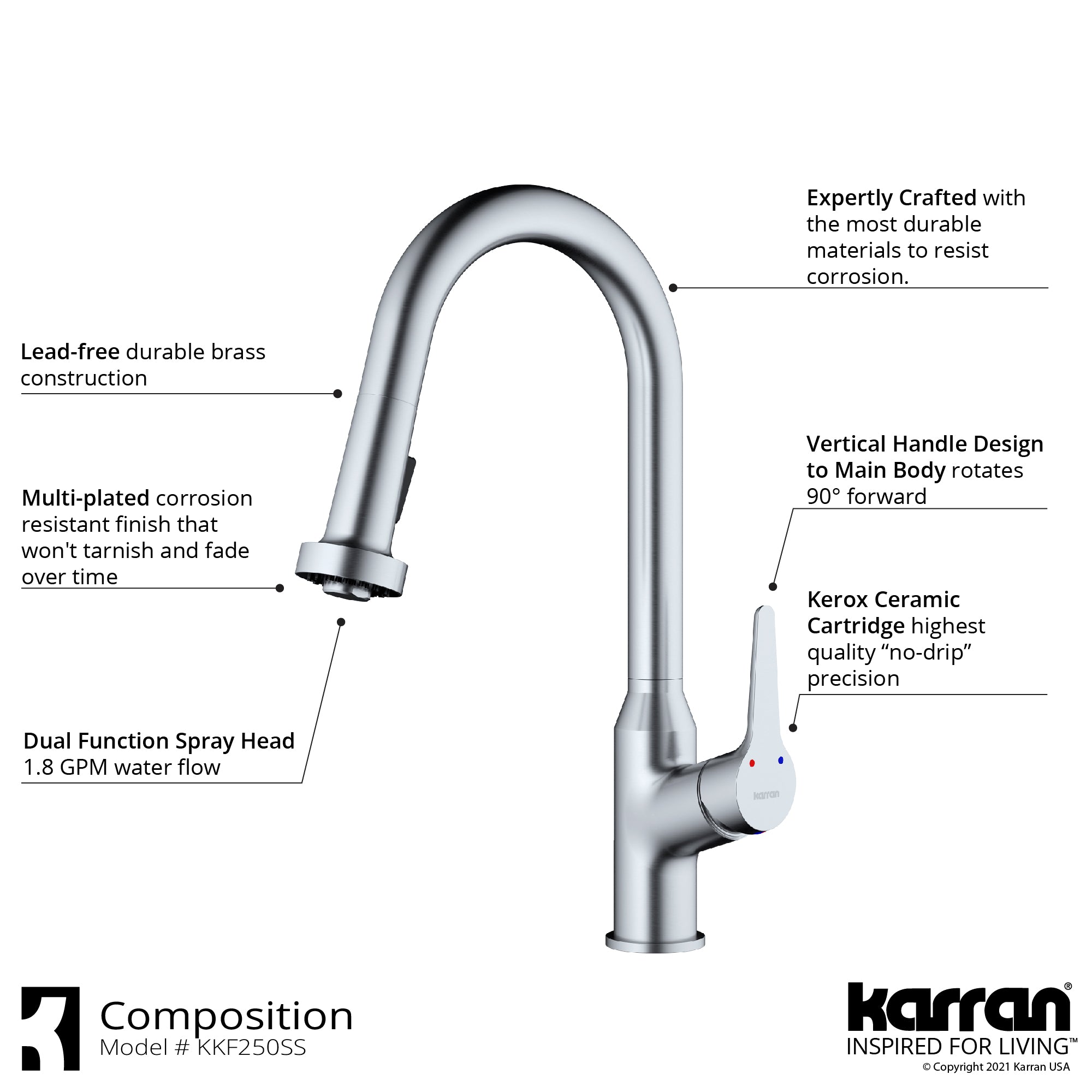 Karran Dockton 1.8 GPM Single Lever Handle Lead-free Brass ADA Kitchen Faucet, Pull-Down Kitchen, Stainless Steel, KKF250SD25SS