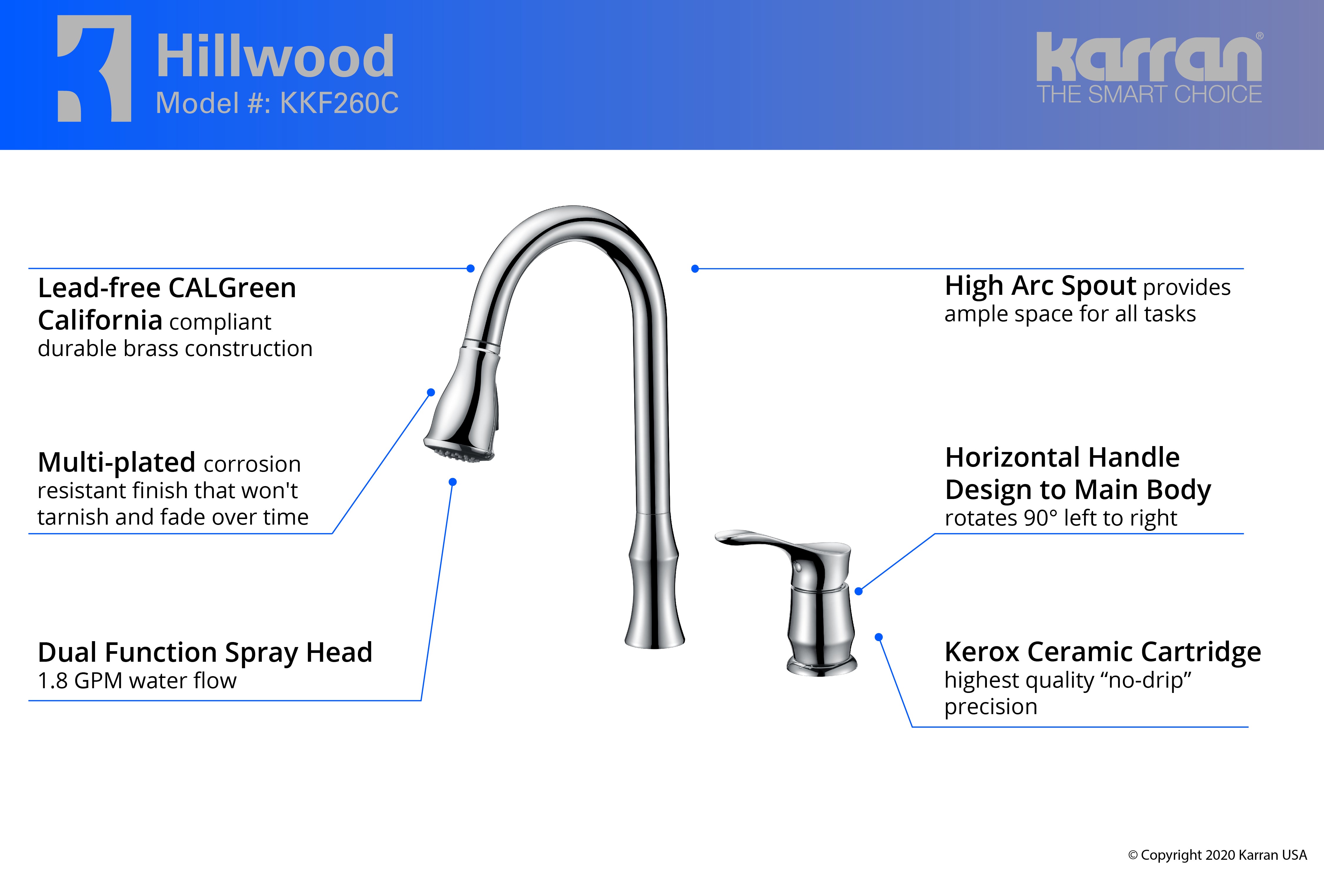 Karran Hillwood Single Lever Handle Lead-free Brass ADA Kitchen Faucet, Pull Down, Chrome, KKF260C