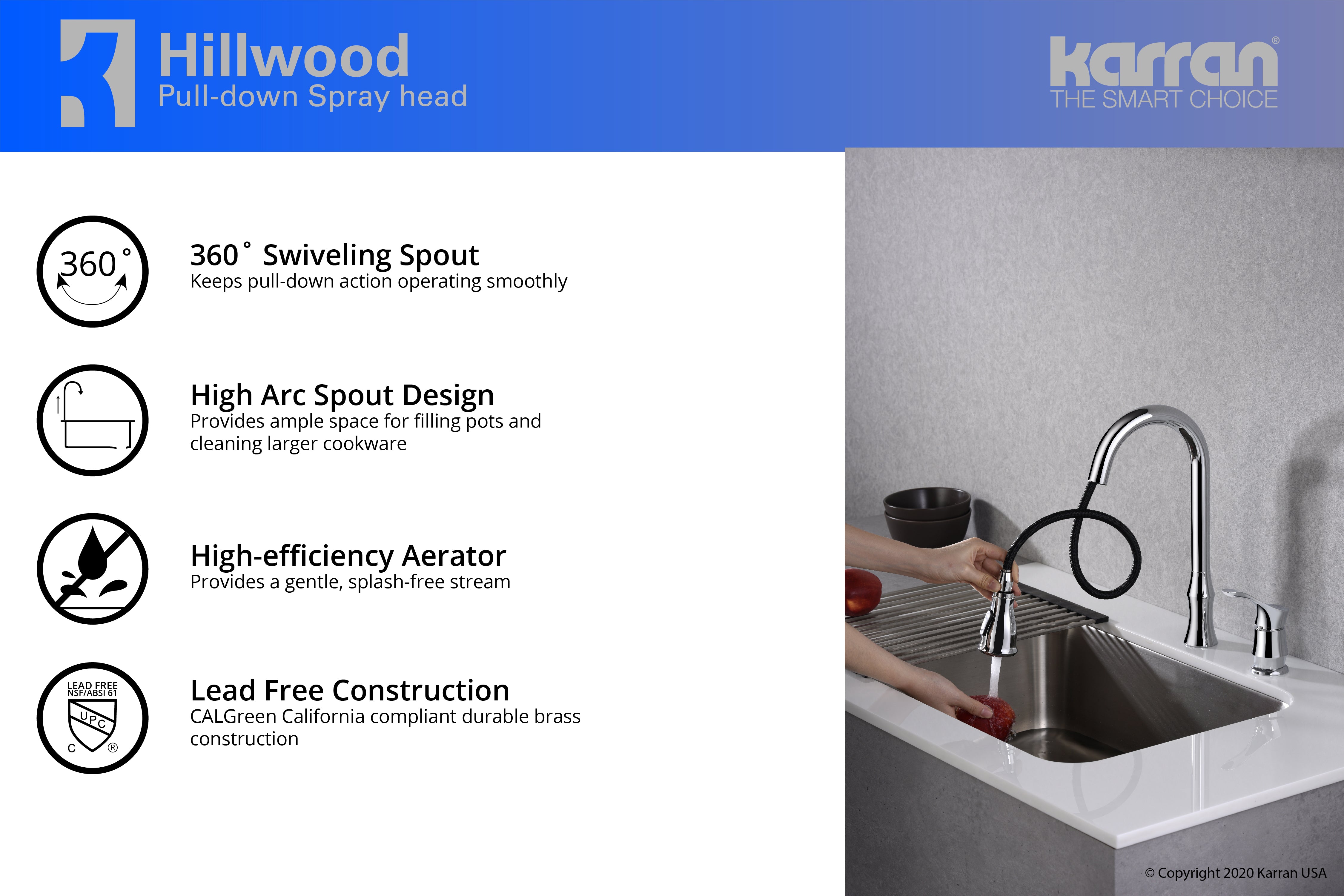 Karran Hillwood Single Lever Handle Lead-free Brass ADA Kitchen Faucet, Pull Down, Chrome, KKF260C