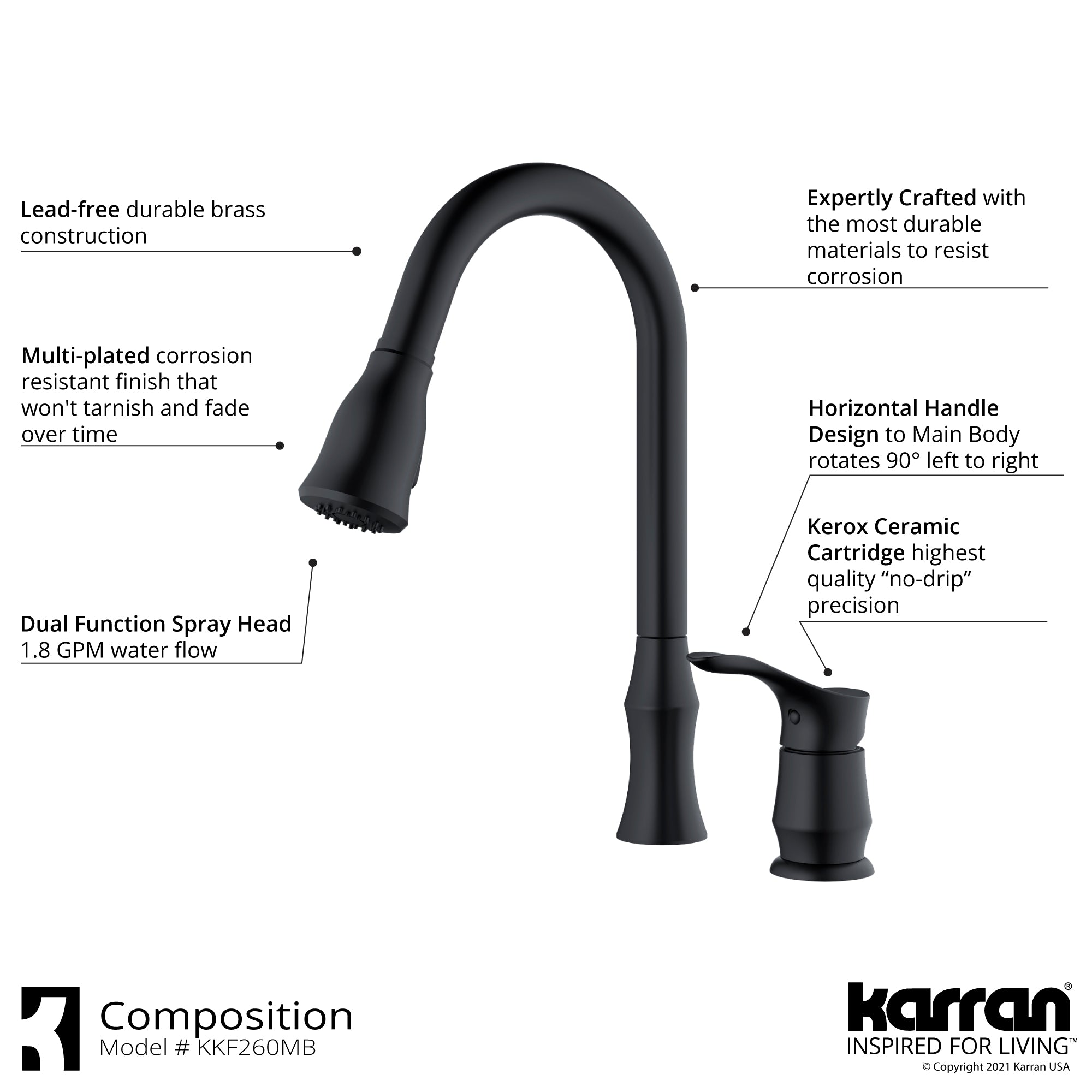 Karran Hillwood 1.8 GPM Single Lever Handle Lead-free Brass ADA Kitchen Faucet, Pull-Down Kitchen, Matte Black, KKF260MB