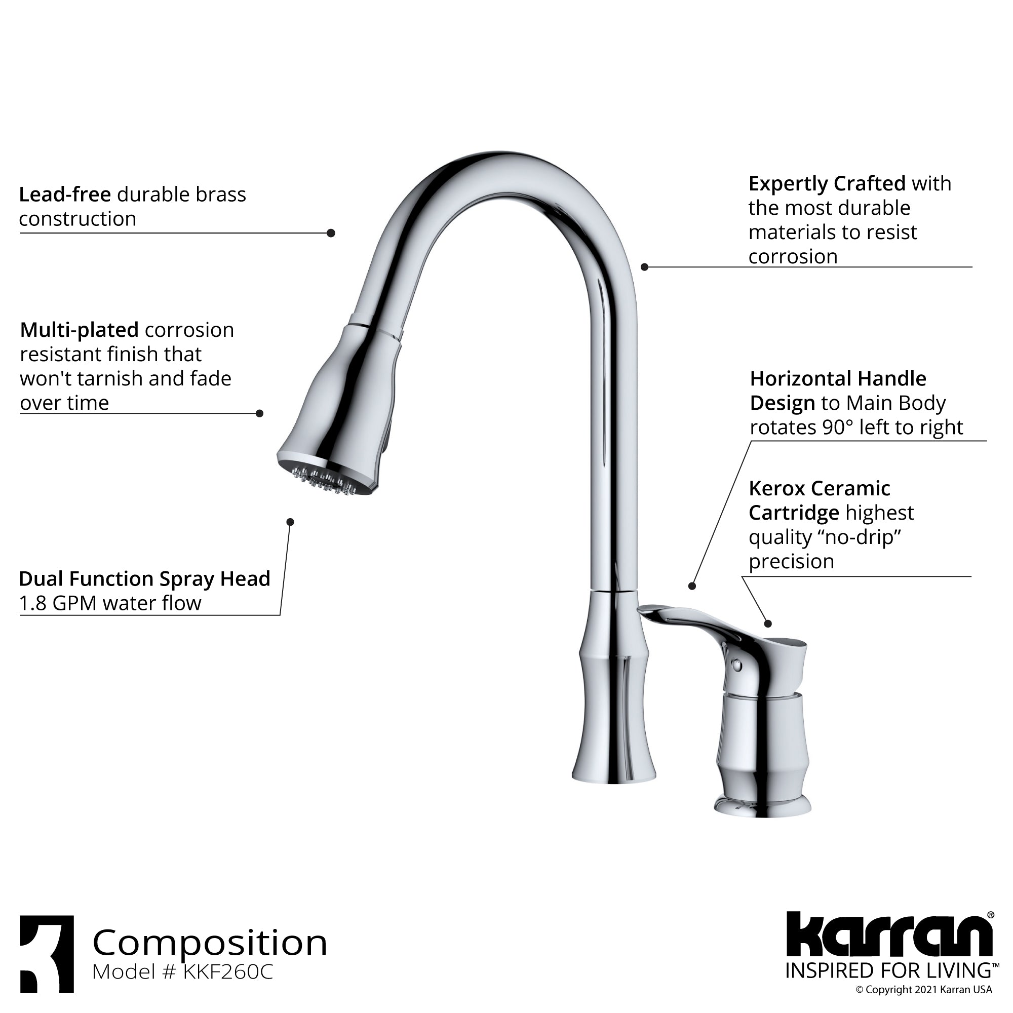 Karran Hillwood 1.8 GPM Single Lever Handle Lead-free Brass ADA Kitchen Faucet, Pull-Down Kitchen, Chrome, KKF260SD25C