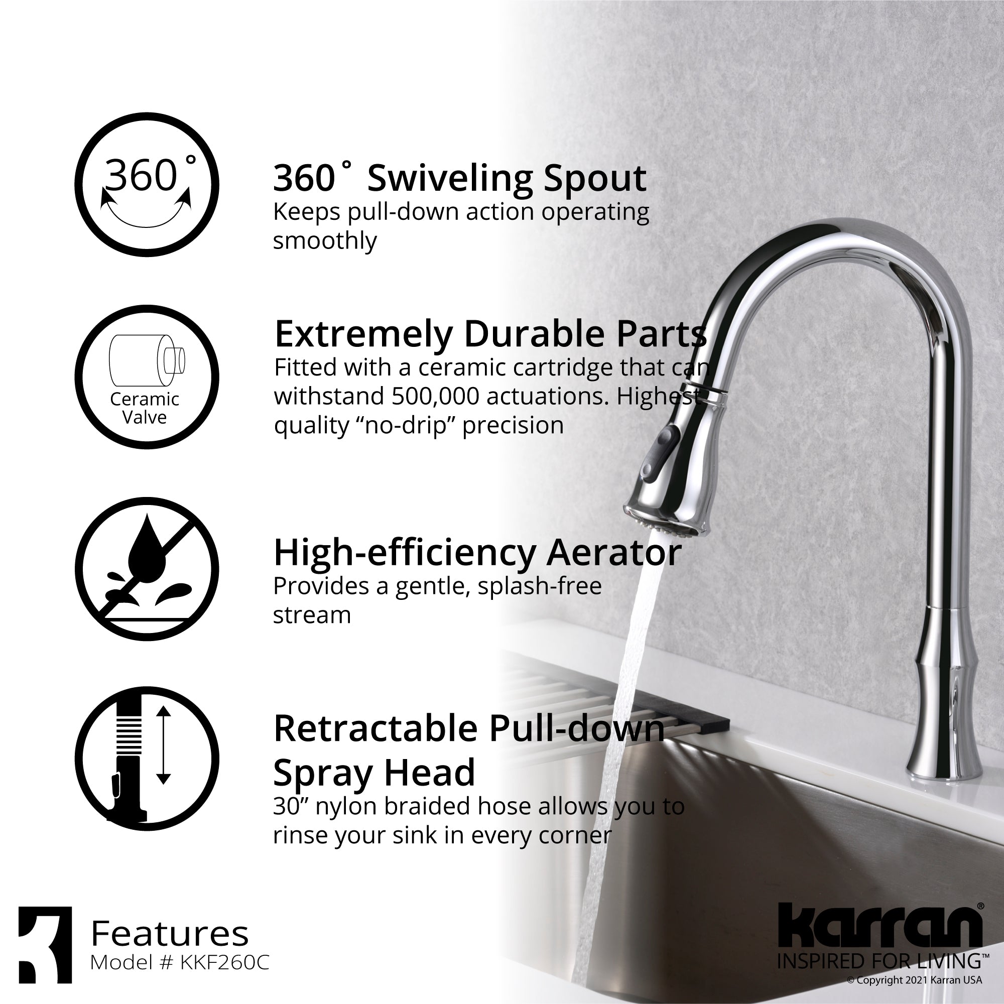 Karran Hillwood 1.8 GPM Single Lever Handle Lead-free Brass ADA Kitchen Faucet, Pull-Down Kitchen, Chrome, KKF260SD25C