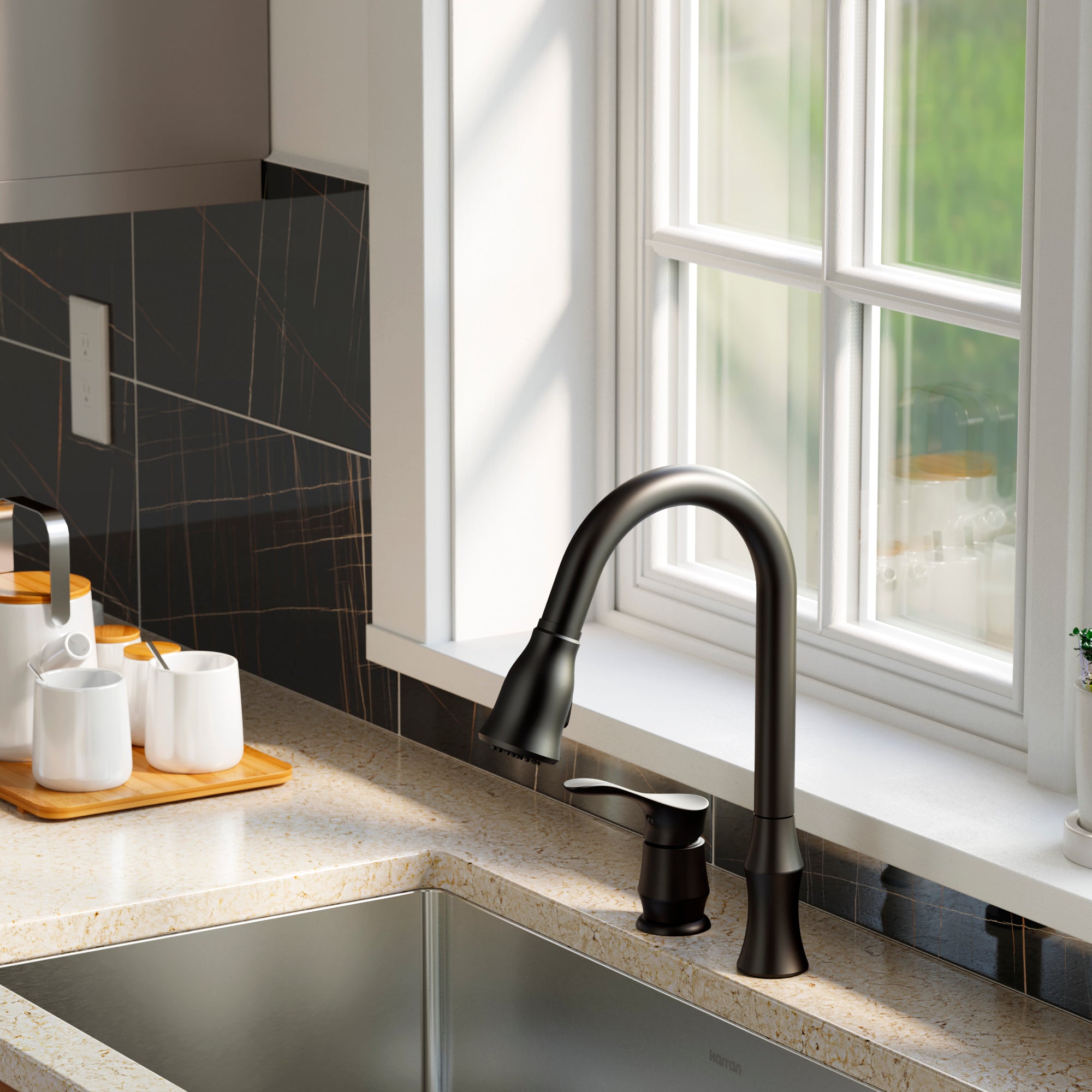 Karran Hillwood 1.8 GPM Single Lever Handle Lead-free Brass ADA Kitchen Faucet, Pull-Down Kitchen, Matte Black, KKF260SD25MB