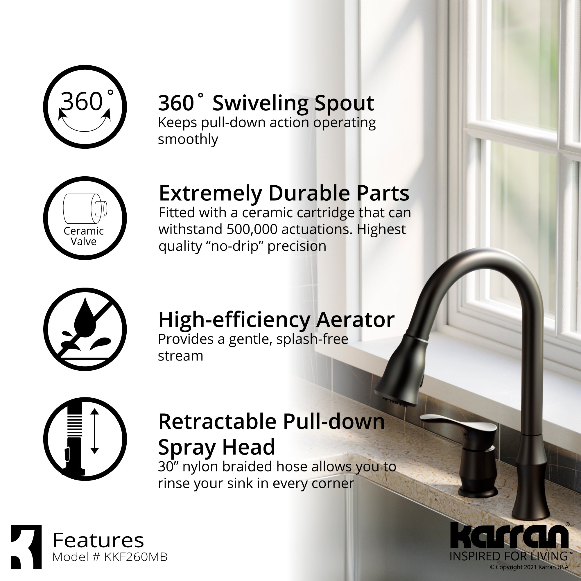 Karran Hillwood 1.8 GPM Single Lever Handle Lead-free Brass ADA Kitchen Faucet, Pull-Down Kitchen, Matte Black, KKF260SD25MB