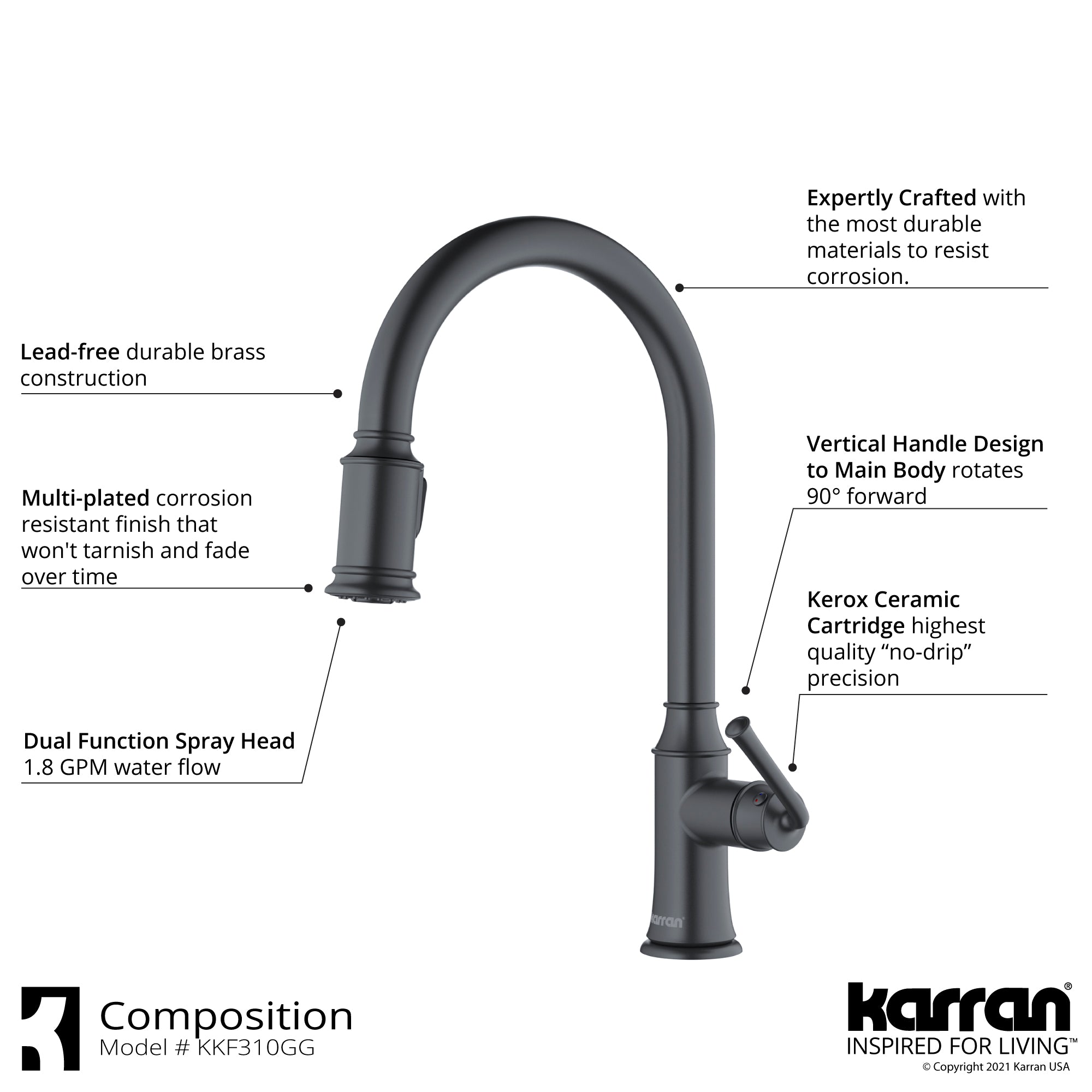 Karran Auburn 1.8 GPM Single Lever Handle Lead-free Brass ADA Kitchen Faucet, Pull-Down Kitchen, Gunmetal Grey, KKF310GG