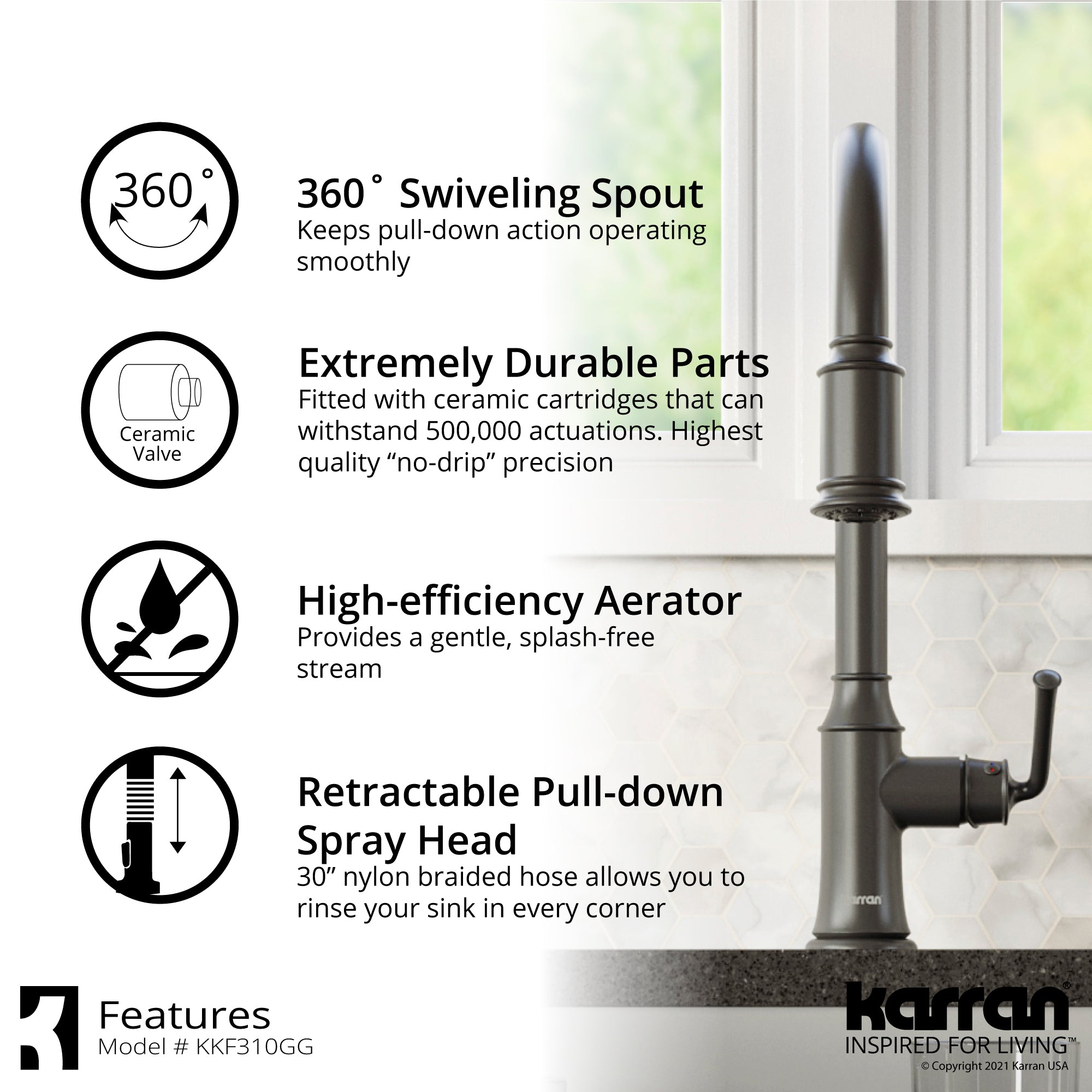 Karran Auburn 1.8 GPM Single Lever Handle Lead-free Brass ADA Kitchen Faucet, Pull-Down Kitchen, Gunmetal Grey, KKF310GG