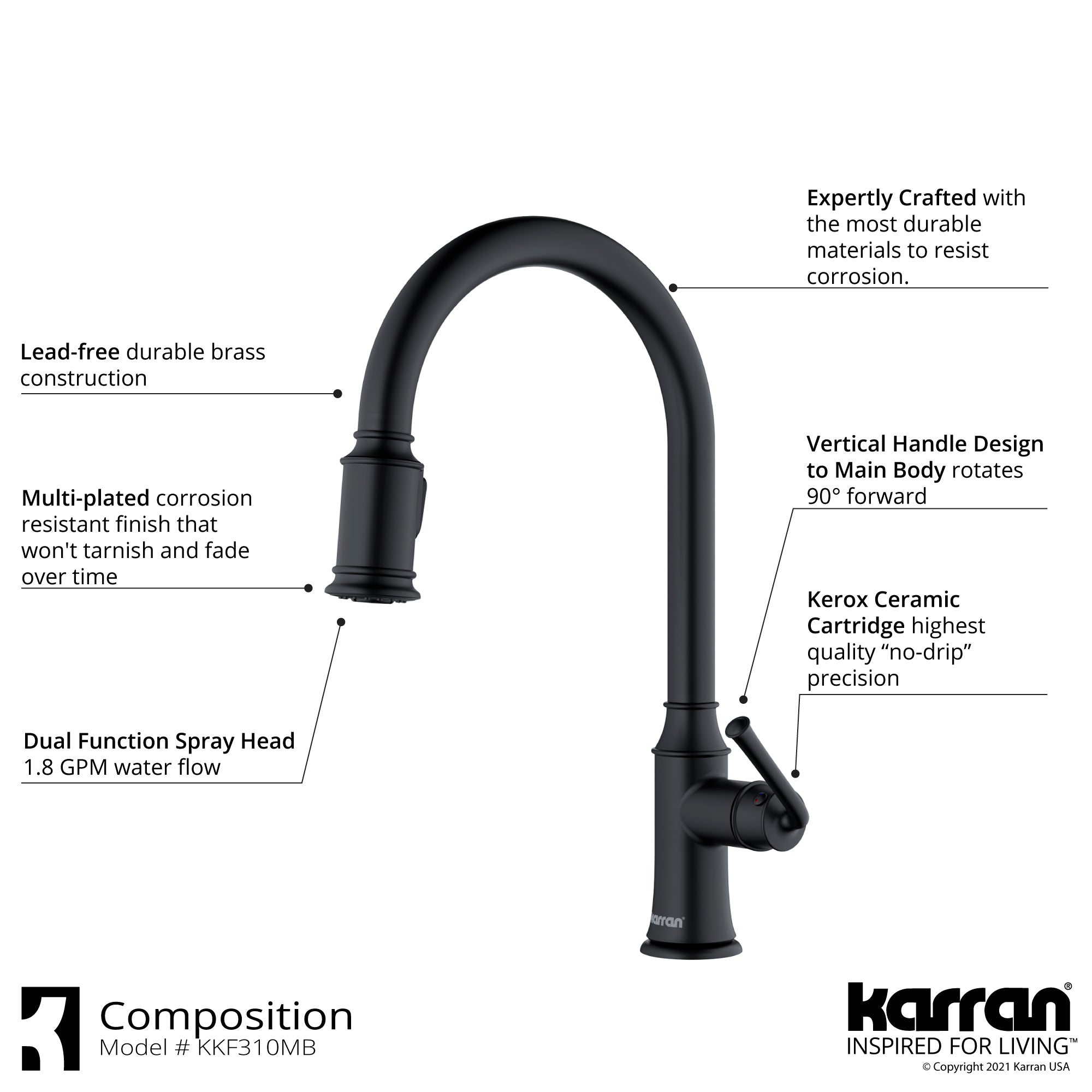 Karran Auburn 1.8 GPM Single Lever Handle Lead-free Brass ADA Kitchen Faucet, Pull-Down Kitchen, Matte Black, KKF310MB