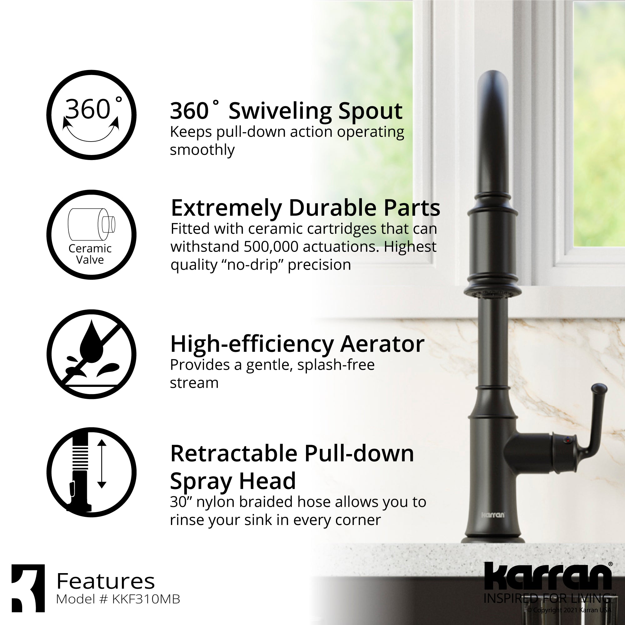 Karran Auburn 1.8 GPM Single Lever Handle Lead-free Brass ADA Kitchen Faucet, Pull-Down Kitchen, Matte Black, KKF310MB