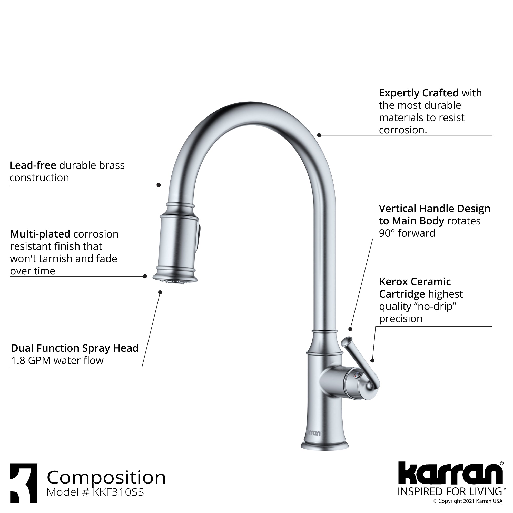 Karran Auburn 1.8 GPM Single Lever Handle Lead-free Brass ADA Kitchen Faucet, Pull-Down Kitchen, Stainless Steel, KKF310SS