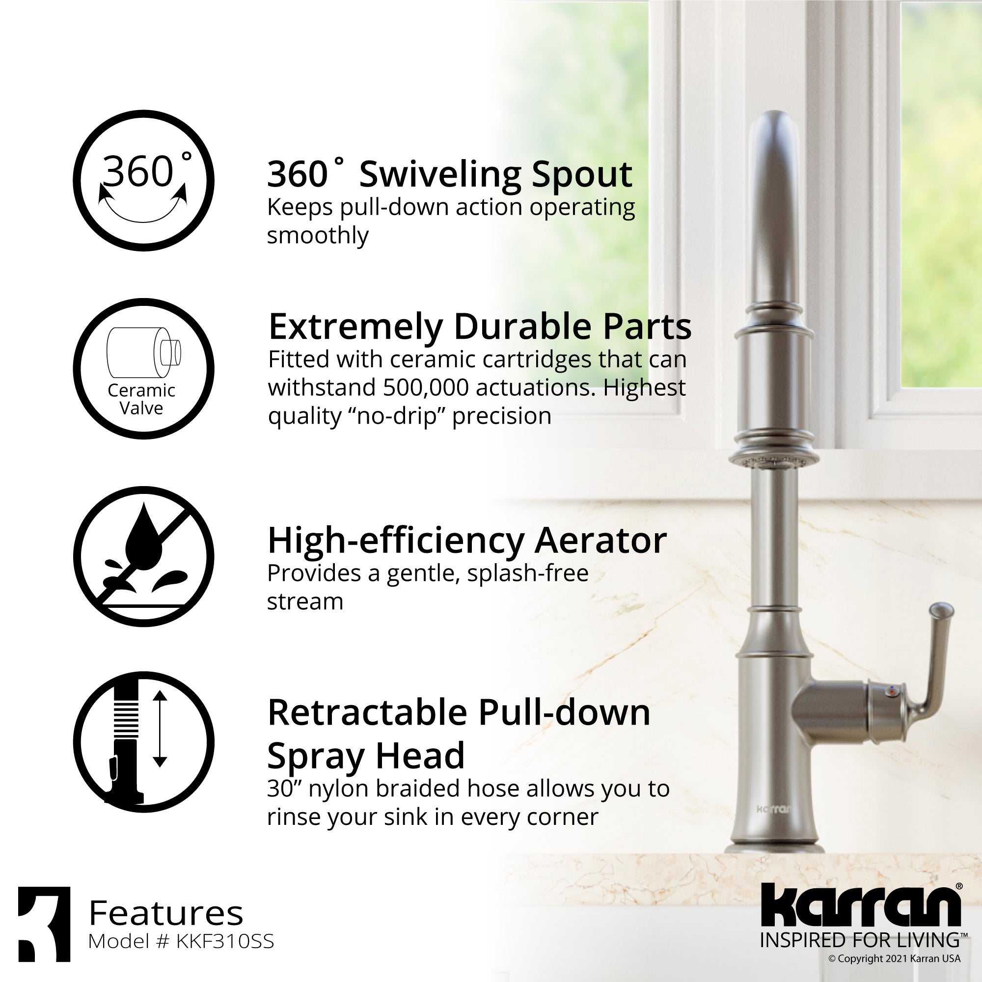 Karran Auburn 1.8 GPM Single Lever Handle Lead-free Brass ADA Kitchen Faucet, Pull-Down Kitchen, Stainless Steel, KKF310SS