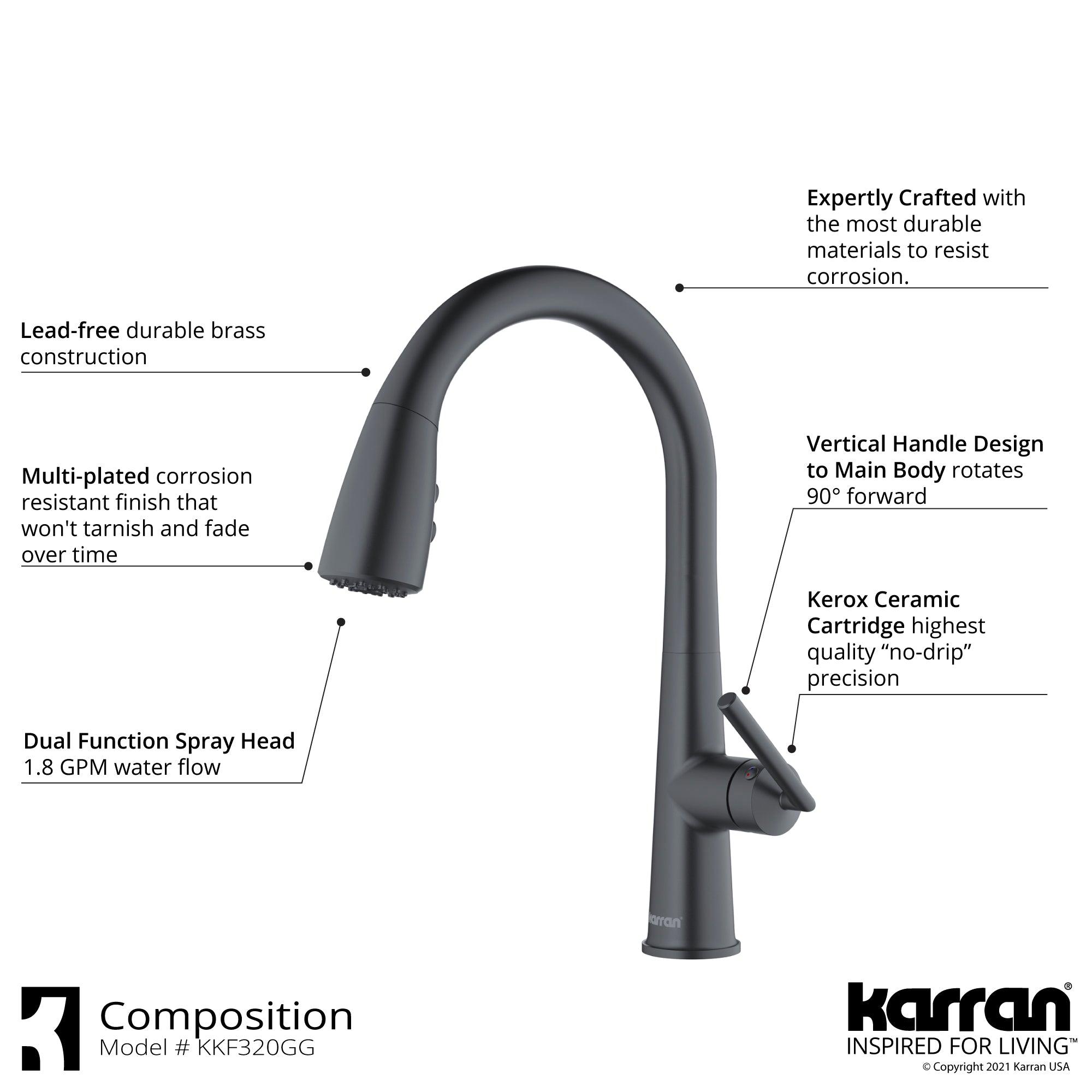 Karran Kentland 1.8 GPM Single Lever Handle Lead-free Brass ADA Kitchen Faucet, Pull-Down Kitchen, Gunmetal Grey, KKF320GG
