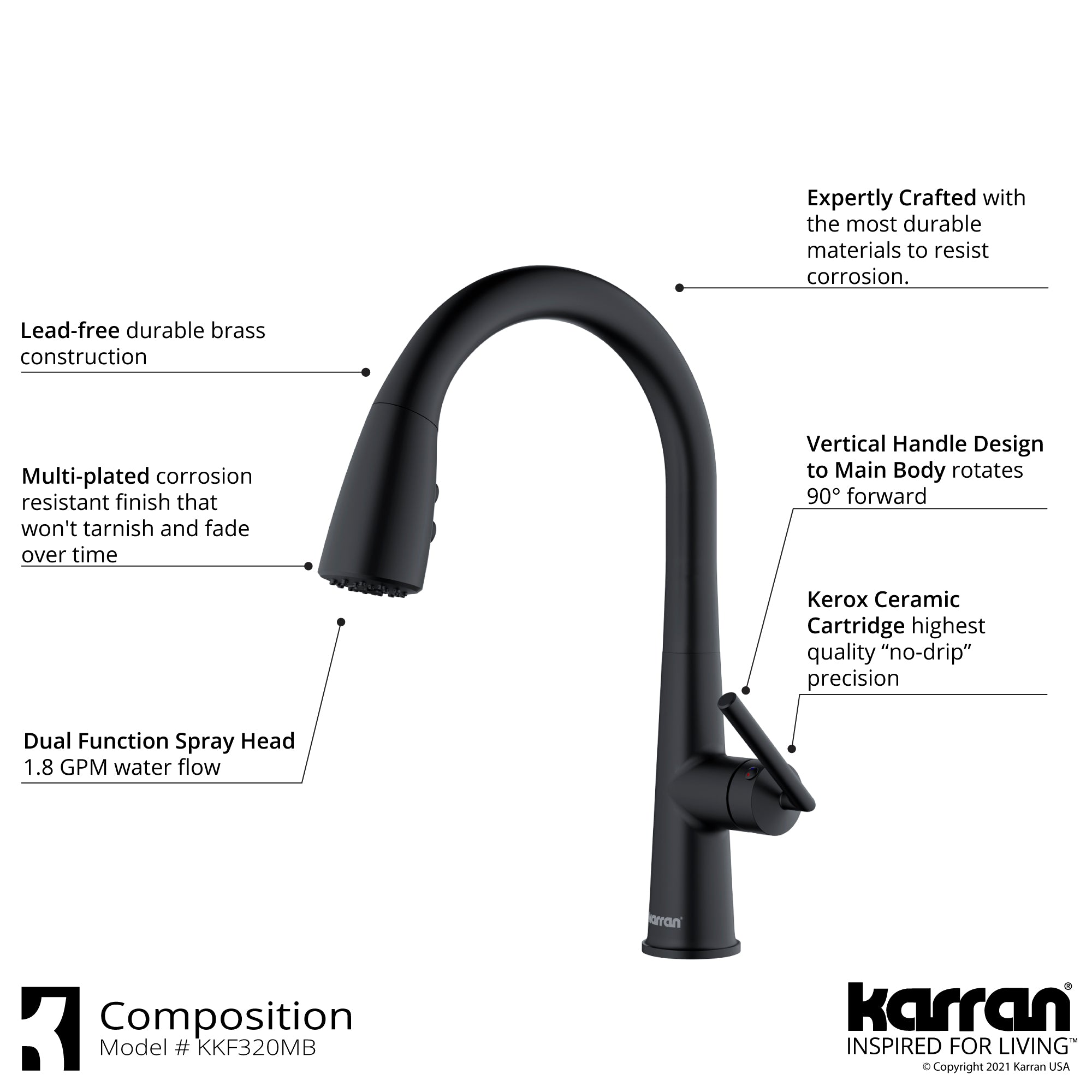 Karran Kentland 1.8 GPM Single Lever Handle Lead-free Brass ADA Kitchen Faucet, Pull-Down Kitchen, Matte Black, KKF320MB