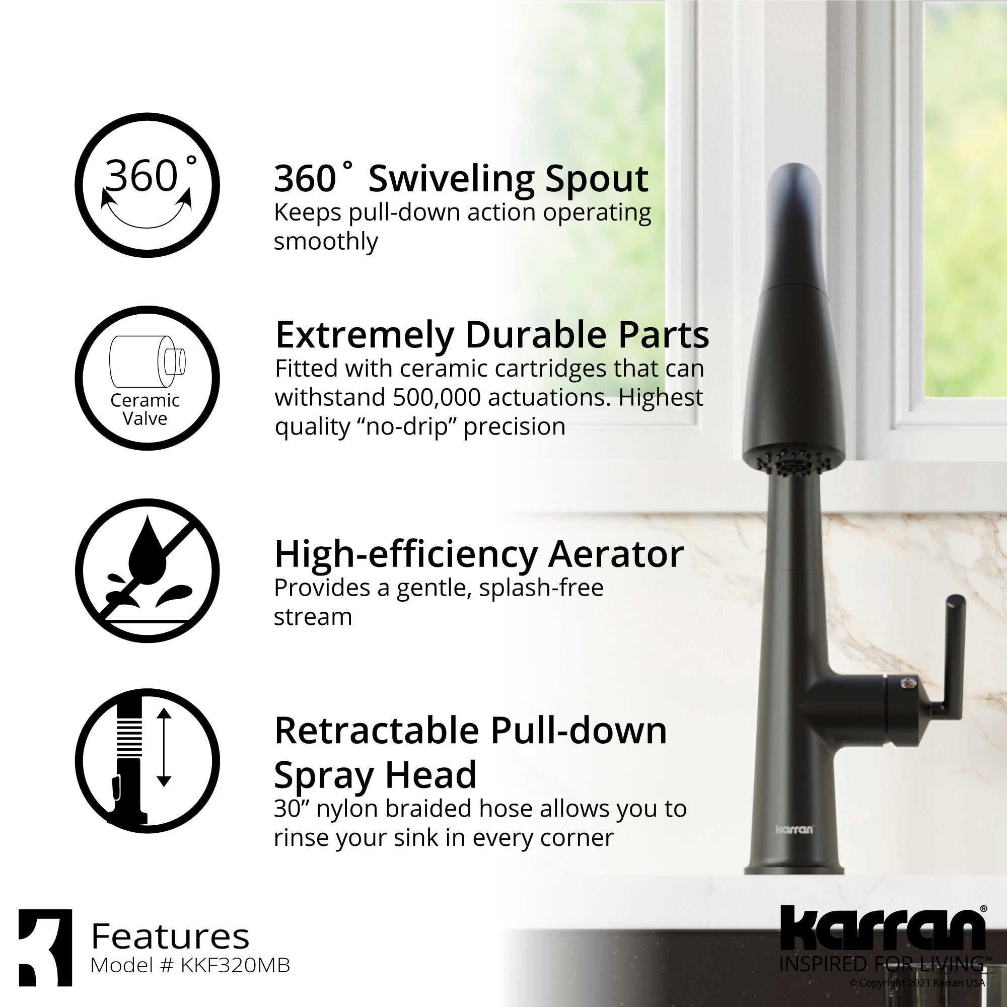 Karran Kentland 1.8 GPM Single Lever Handle Lead-free Brass ADA Kitchen Faucet, Pull-Down Kitchen, Matte Black, KKF320MB