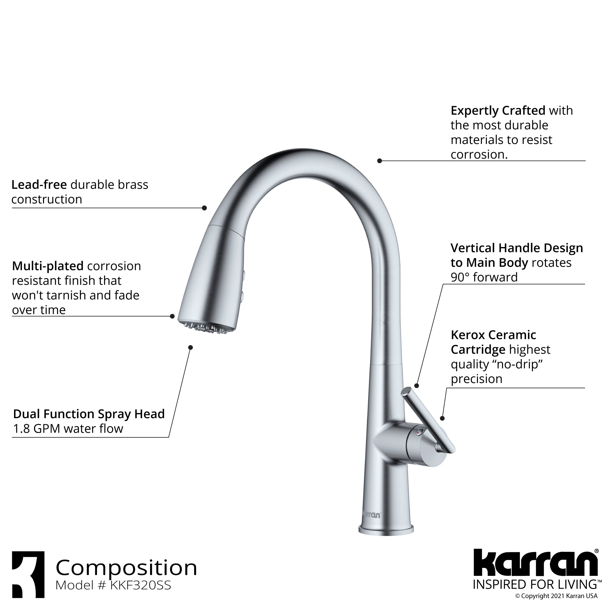 Karran Kentland 1.8 GPM Single Lever Handle Lead-free Brass ADA Kitchen Faucet, Pull-Down Kitchen, Stainless Steel, KKF320SS