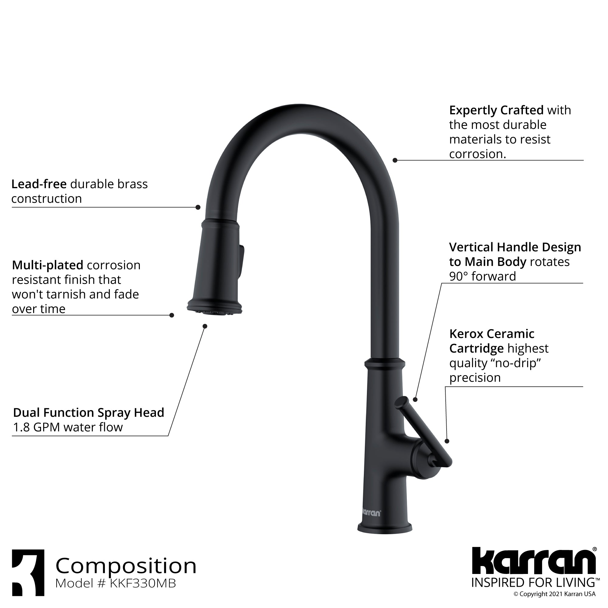 Karran Elwood 1.8 GPM Single Lever Handle Lead-free Brass ADA Kitchen Faucet, Pull-Down Kitchen, Matte Black, KKF330MB