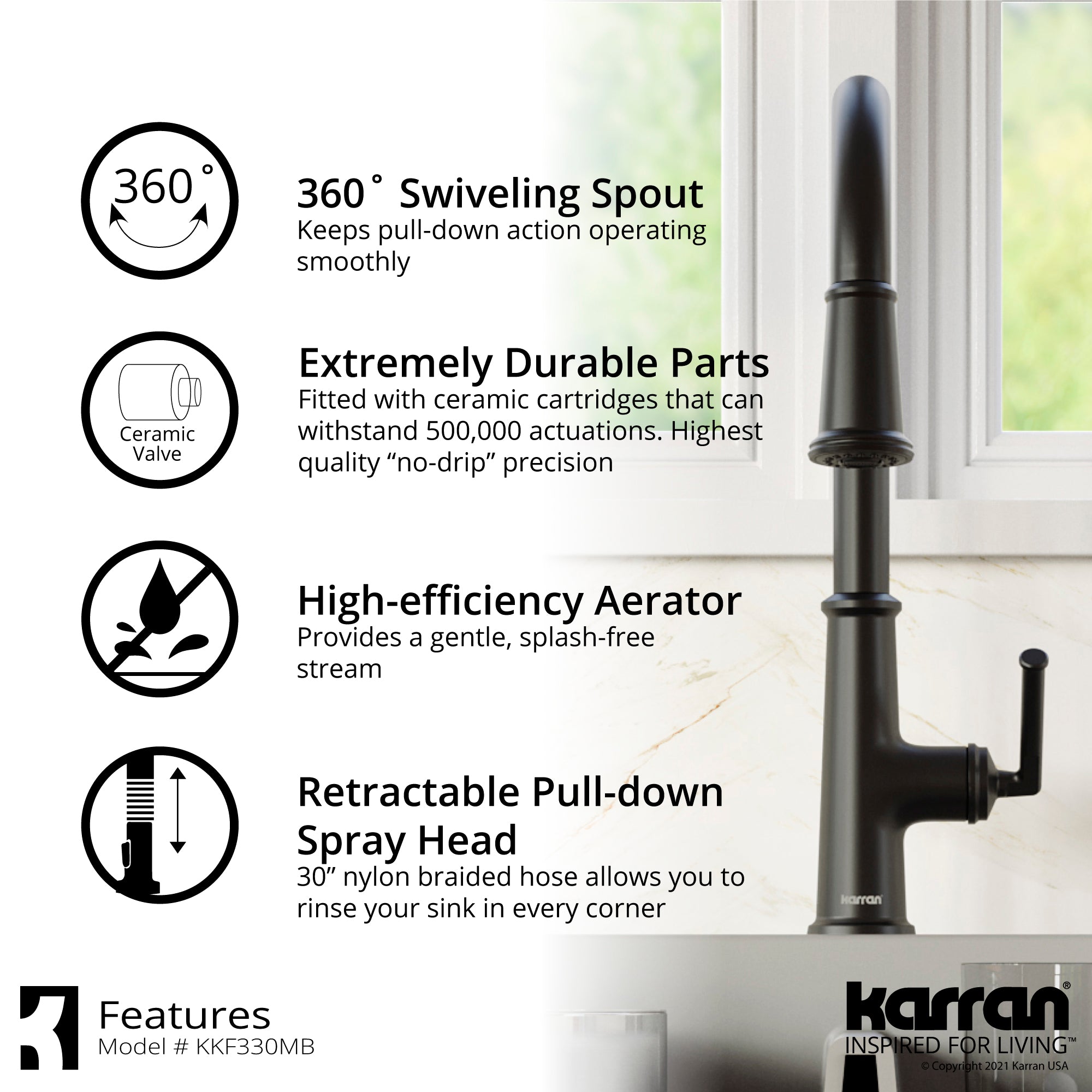 Karran Elwood 1.8 GPM Single Lever Handle Lead-free Brass ADA Kitchen Faucet, Pull-Down Kitchen, Matte Black, KKF330MB