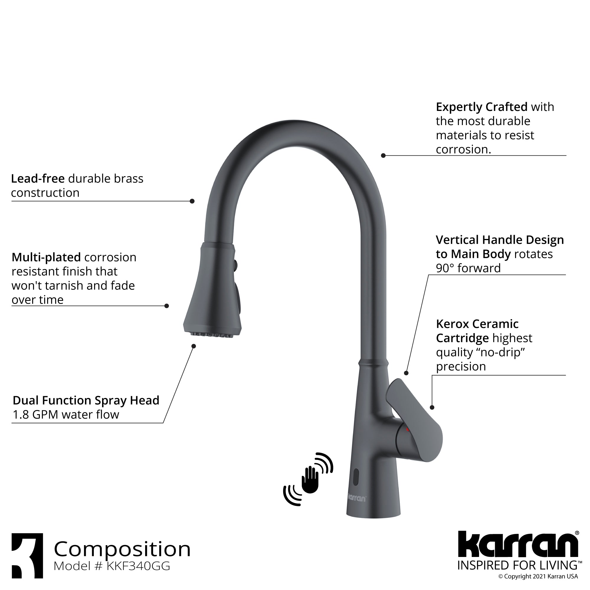 Karran Kadoma 1.8 GPM Single Lever Handle Touchless ADA Kitchen Faucet, Pull-Down Kitchen, Gunmetal Grey, KKF340GG