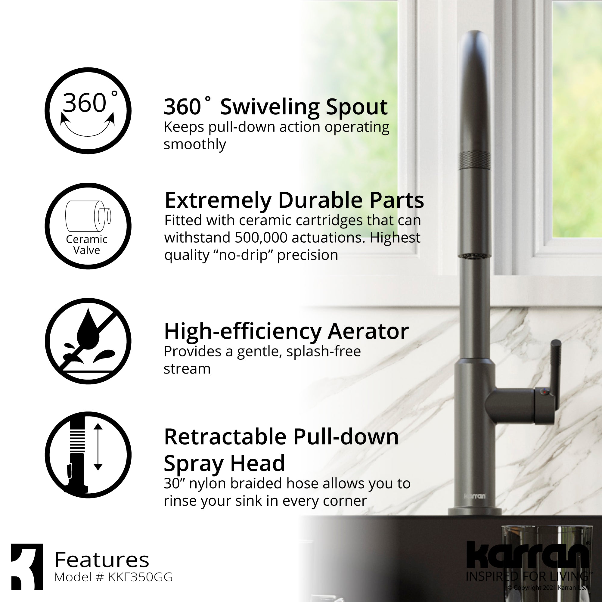 Karran Lagrange 1.8 GPM Single Lever Handle Lead-free Brass ADA Kitchen Faucet, Pull-Down Kitchen, Gunmetal Grey, KKF350GG