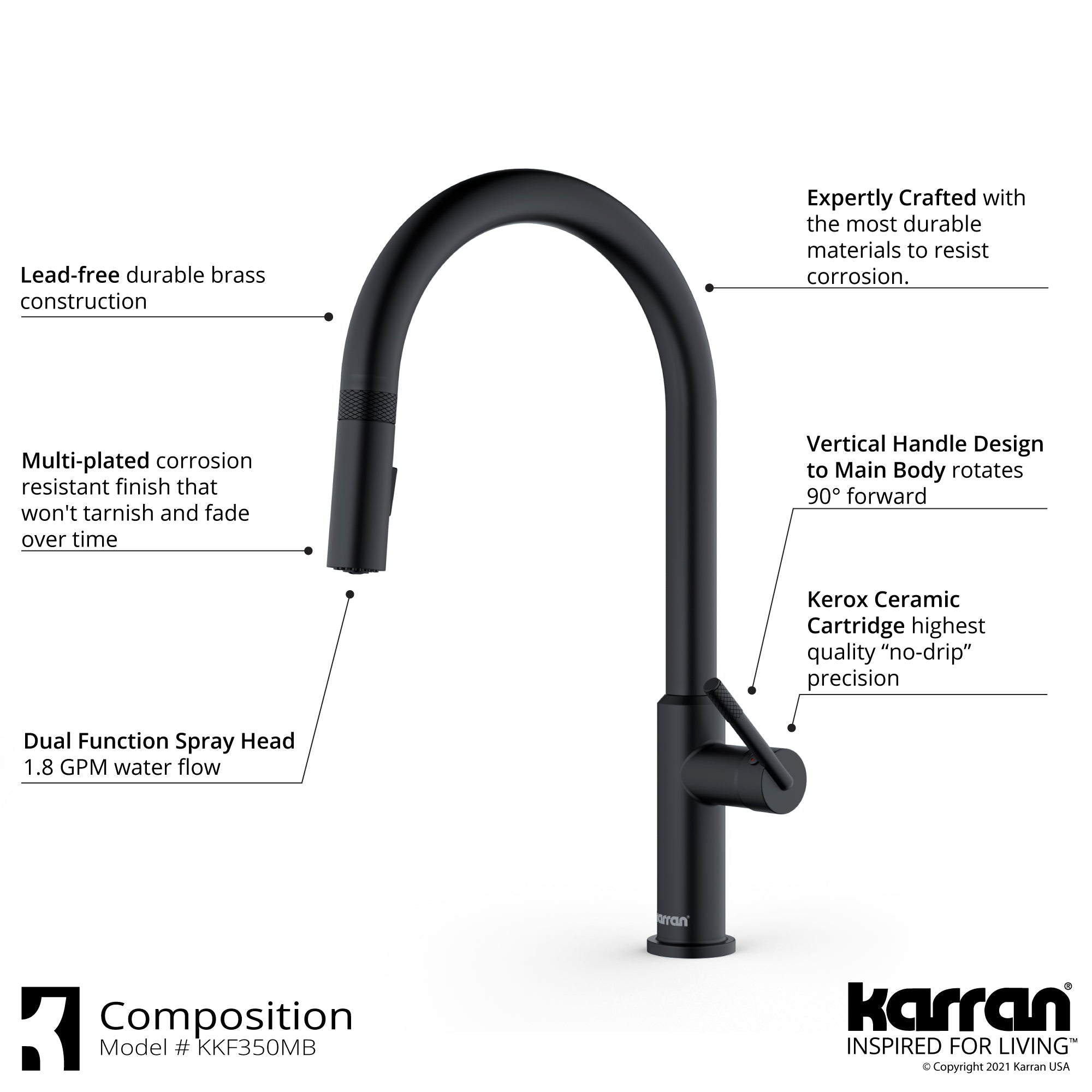 Karran Lagrange 1.8 GPM Single Lever Handle Lead-free Brass ADA Kitchen Faucet, Pull-Down Kitchen, Matte Black, KKF350MB