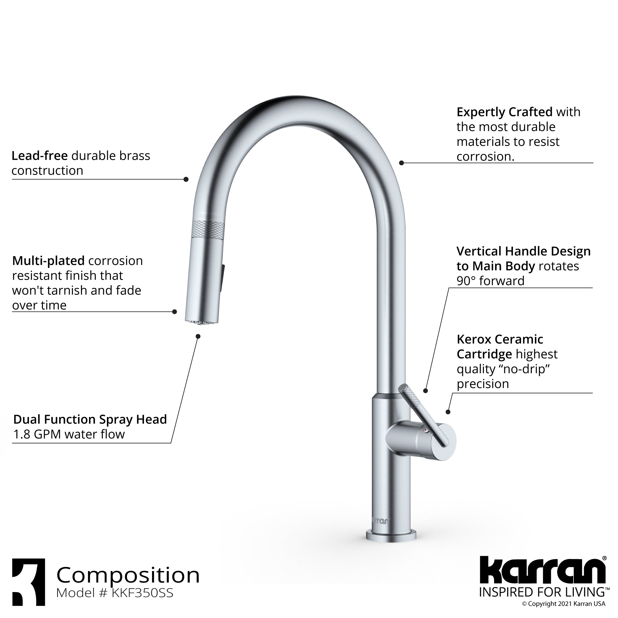 Karran Lagrange 1.8 GPM Single Lever Handle Lead-free Brass ADA Kitchen Faucet, Pull-Down Kitchen, Stainless Steel, KKF350SS