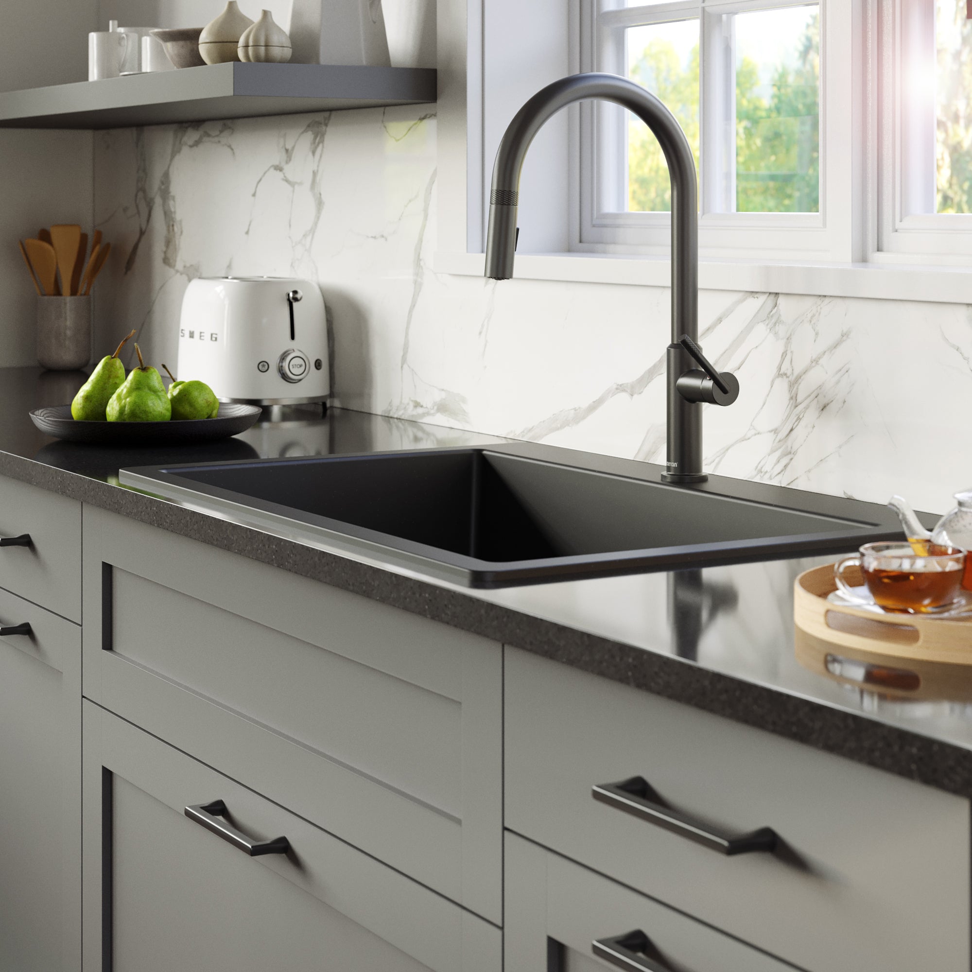Karran Lagrange 1.8 GPM Single Lever Handle Lead-free Brass ADA Kitchen Faucet, Pull-Down Kitchen, Gunmetal Grey, KKF350GG