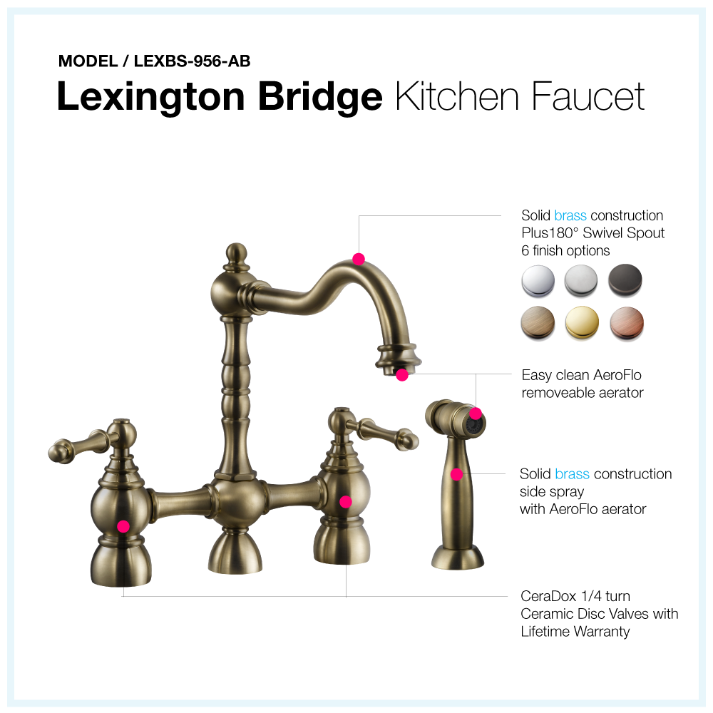 Houzer Lexington Bridge Kitchen Faucet with Sidespray Antique Brass, LEXBS-956-AB - The Sink Boutique