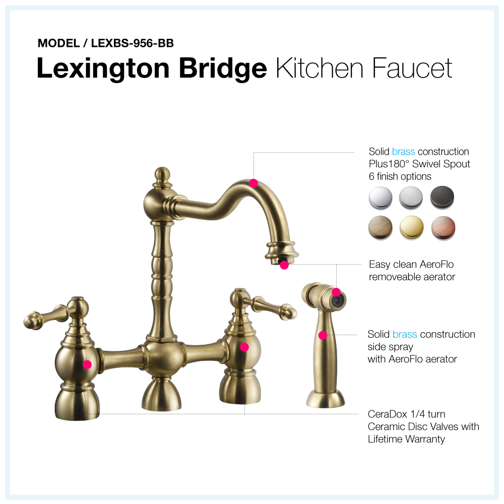 Houzer Lexington Bridge Kitchen Faucet with Sidespray Brushed Brass, LEXBS-956-BB - The Sink Boutique