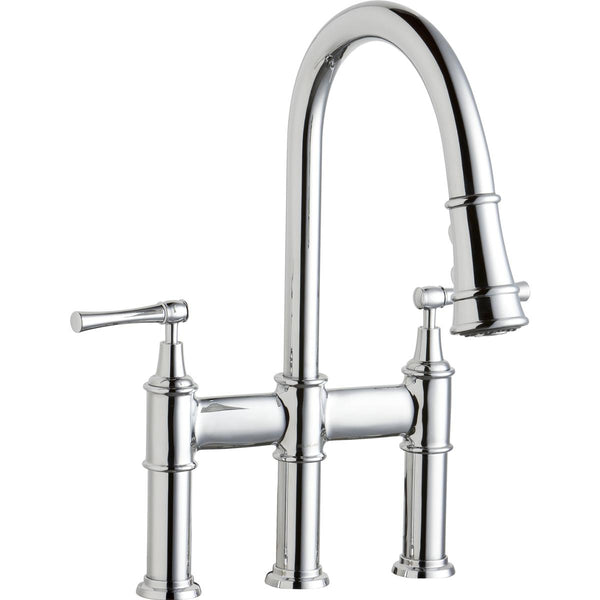 Elkay LKEC2037CR Explore Three Hole Bridge Faucet with Pull-down Spray and Lever Handles Chrome