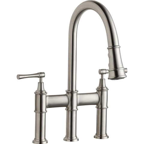 Elkay LKEC2037LS Explore Three Hole Bridge Faucet with Pull-down Spray and Lever Handles Lustrous Steel