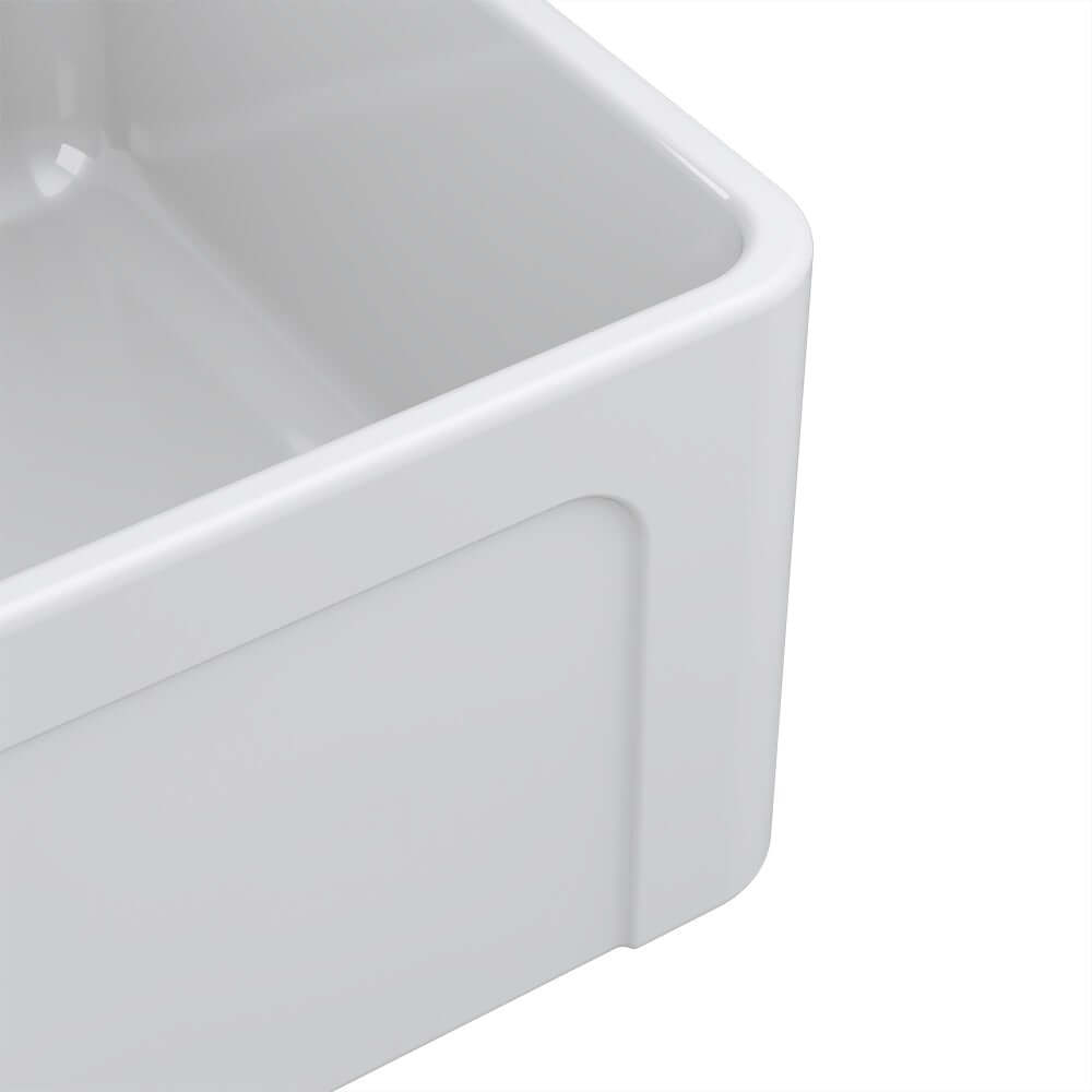 Latoscana 33-IN Fireclay Double Bowl Farmhouse Apron Sink Reversible LTD3319W Corner Closeup 1