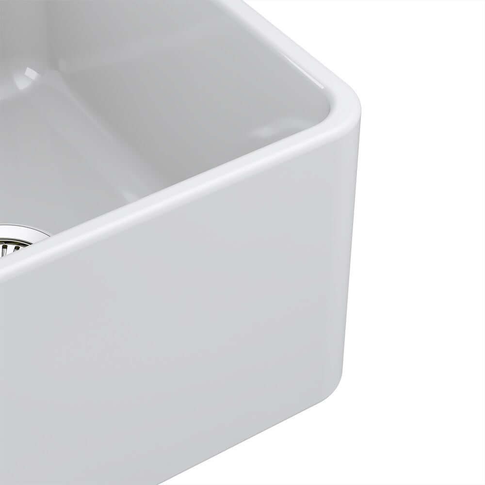 Latoscana 33-IN Fireclay Double Bowl Farmhouse Apron Sink Reversible LTD3319W Corner Closeup 2