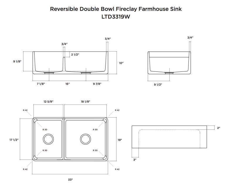 Latoscana 33" Fireclay Double Bowl Reversible Farmhouse Apron Sink, White, LTD3319W - The Sink Boutique