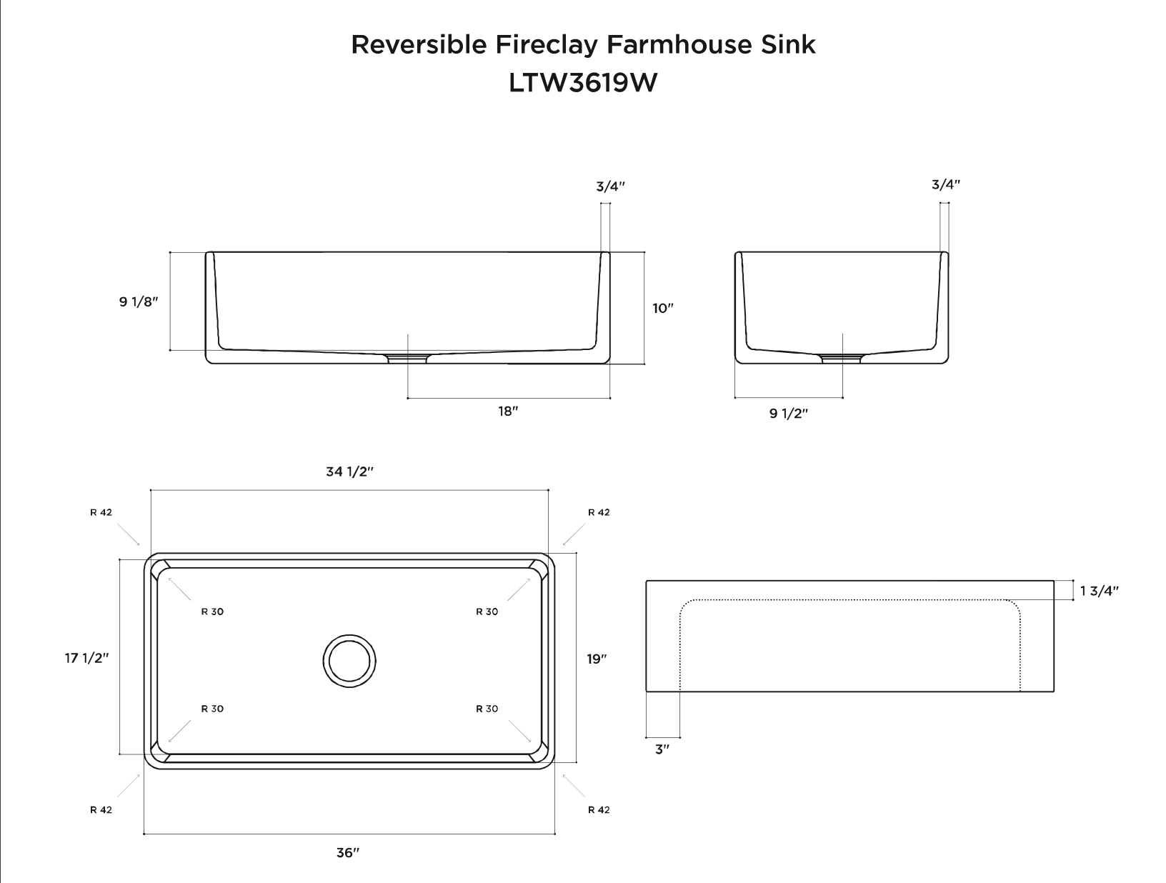 Latoscana 36" Fireclay Single Bowl Farmhouse Apron Sink, Reversible, LTW3619W - The Sink Boutique