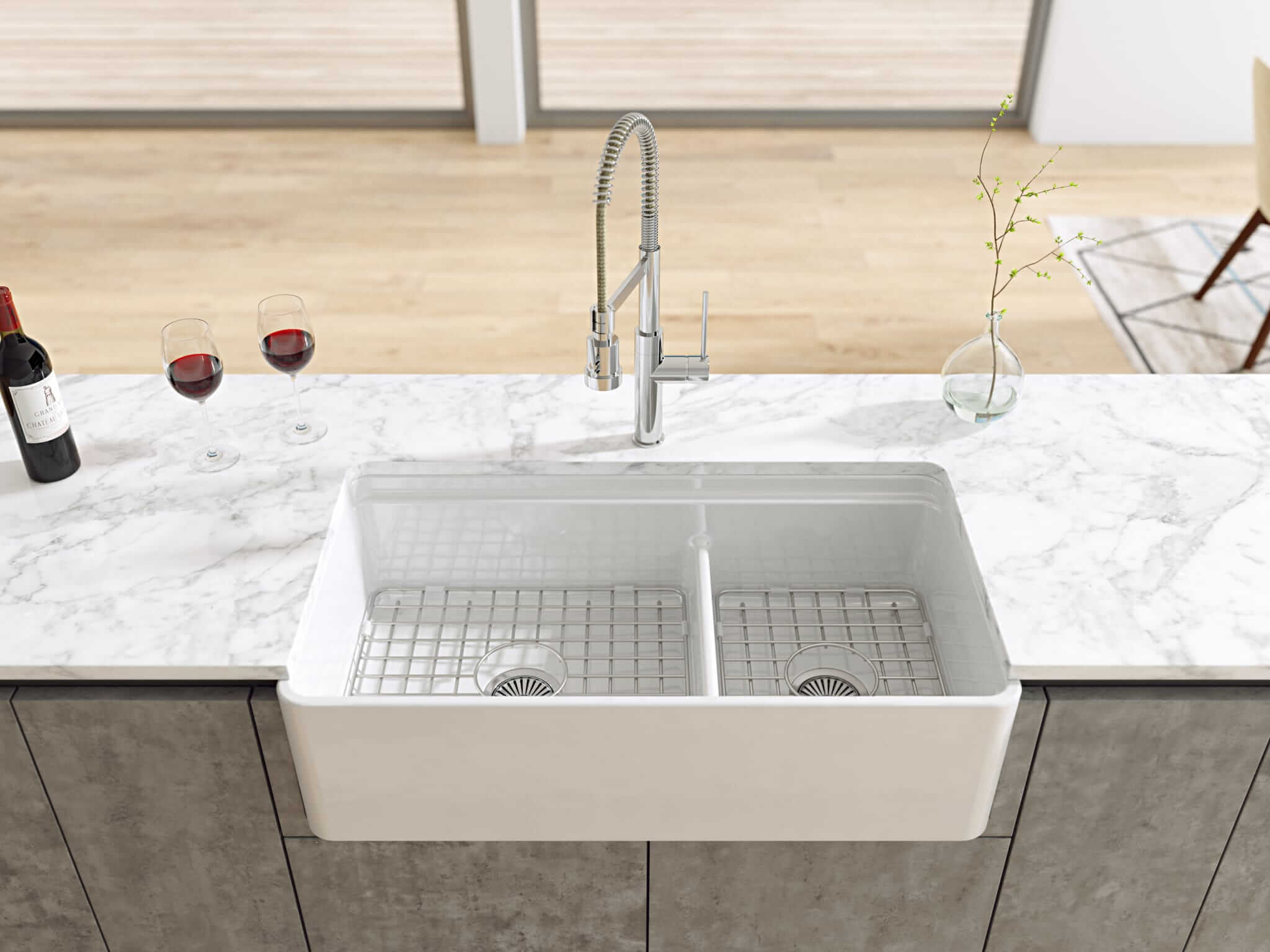 Latoscana 36" Double Bowl Fireclay Farmhouse Sink with Accessory Ledge, White, LDL3619W - The Sink Boutique