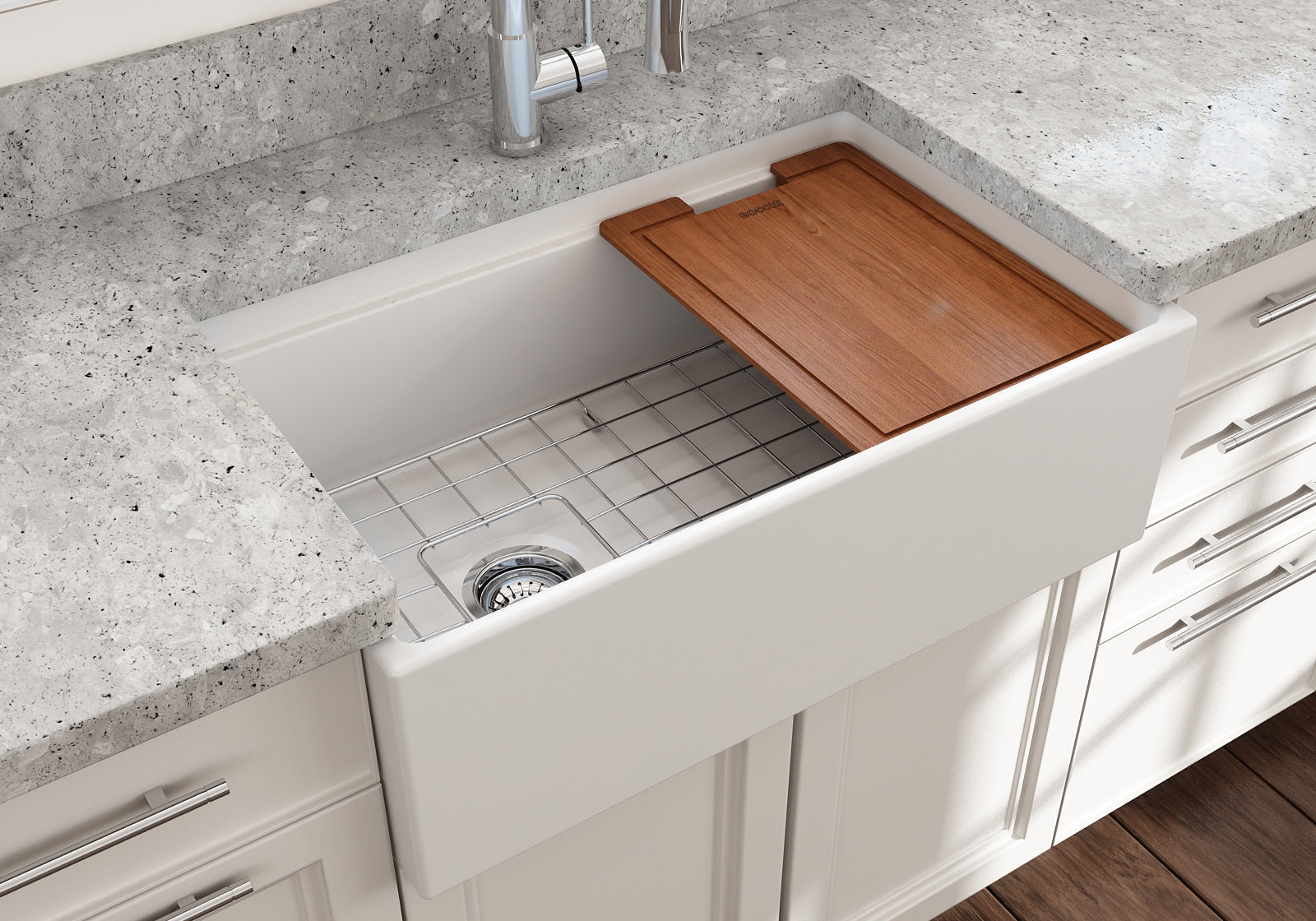 BOCCHI Contempo 30" Fireclay Workstation Farmhouse Sink with Accessories, Matte White, 1344-002-0120