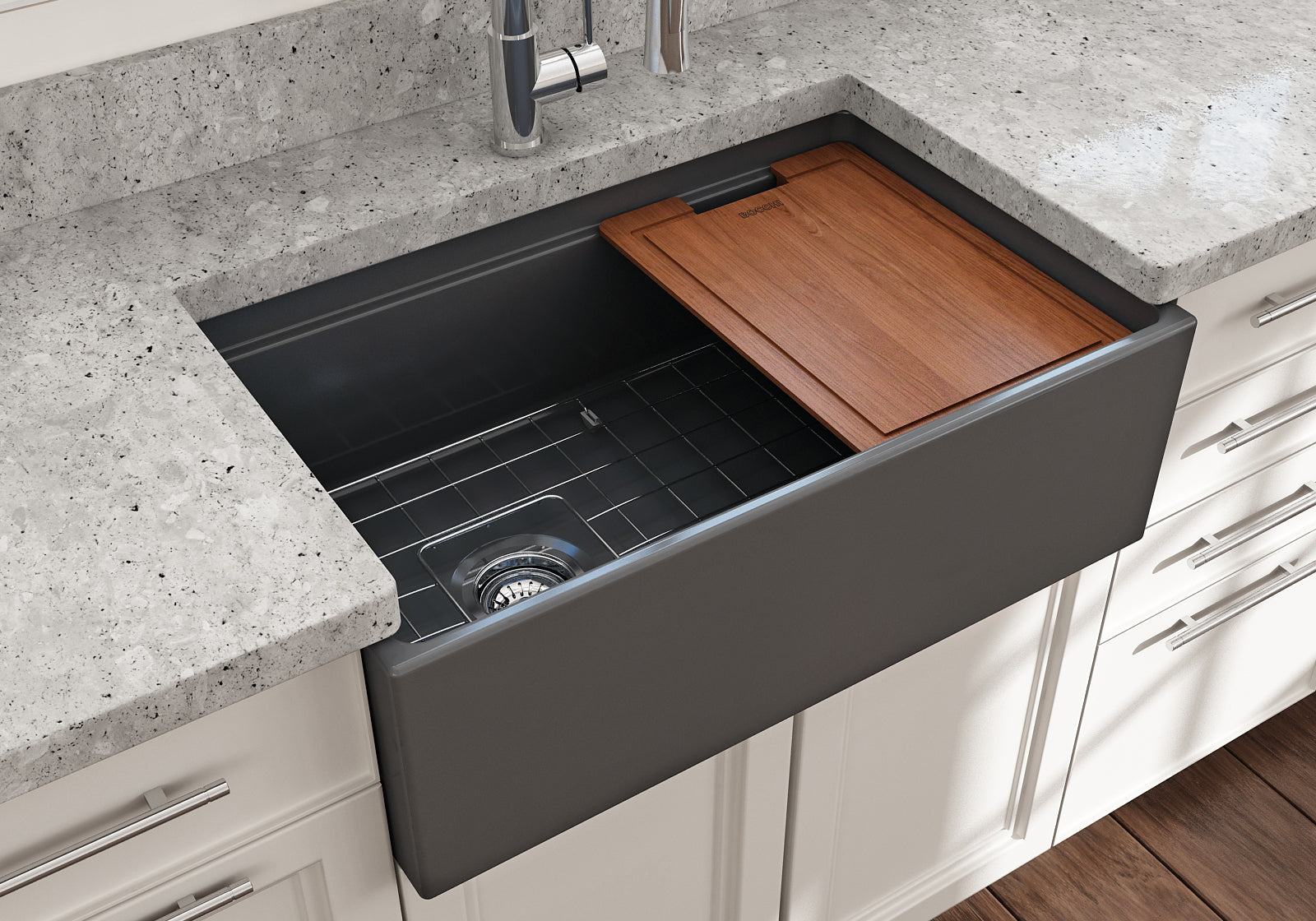 BOCCHI Contempo 30" Fireclay Workstation Farmhouse Sink with Accessories, Matte Dark Gray, 1344-020-0120