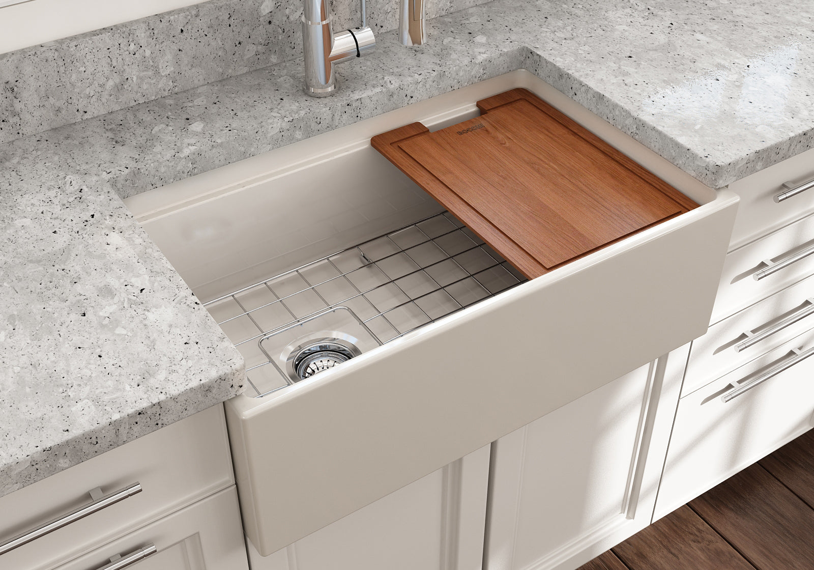 BOCCHI Contempo 30" Fireclay Workstation Farmhouse Sink with Accessories, Biscuit, 1344-014-0120
