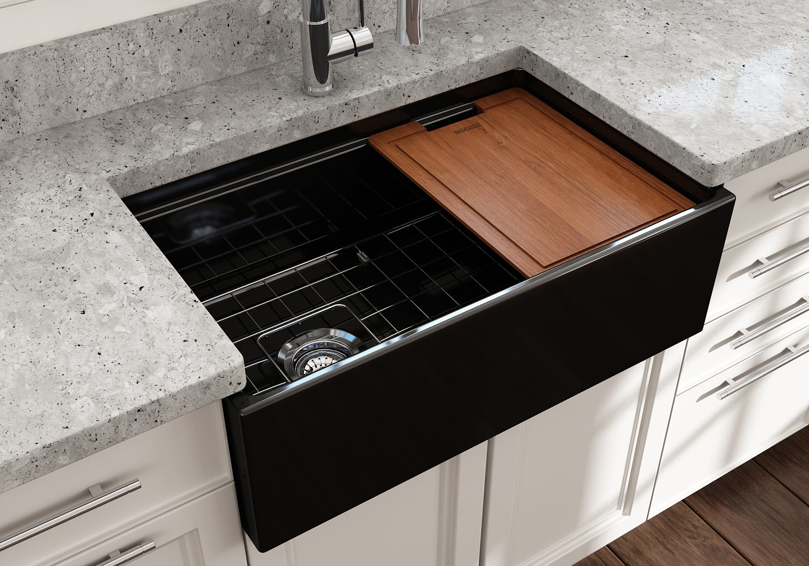 BOCCHI Contempo 30" Fireclay Workstation Farmhouse Sink with Accessories, Black, 1344-005-0120