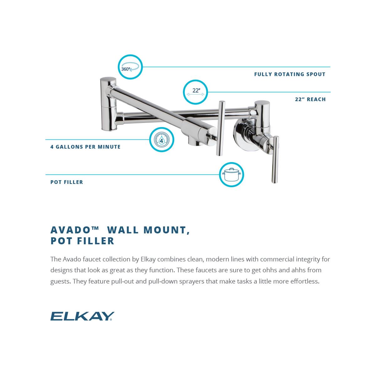 Elkay LKAV4091LS Avado Wall Mount Single Hole Pot Filler Kitchen Faucet with Lever Handles Lustrous Steel - The Sink Boutique