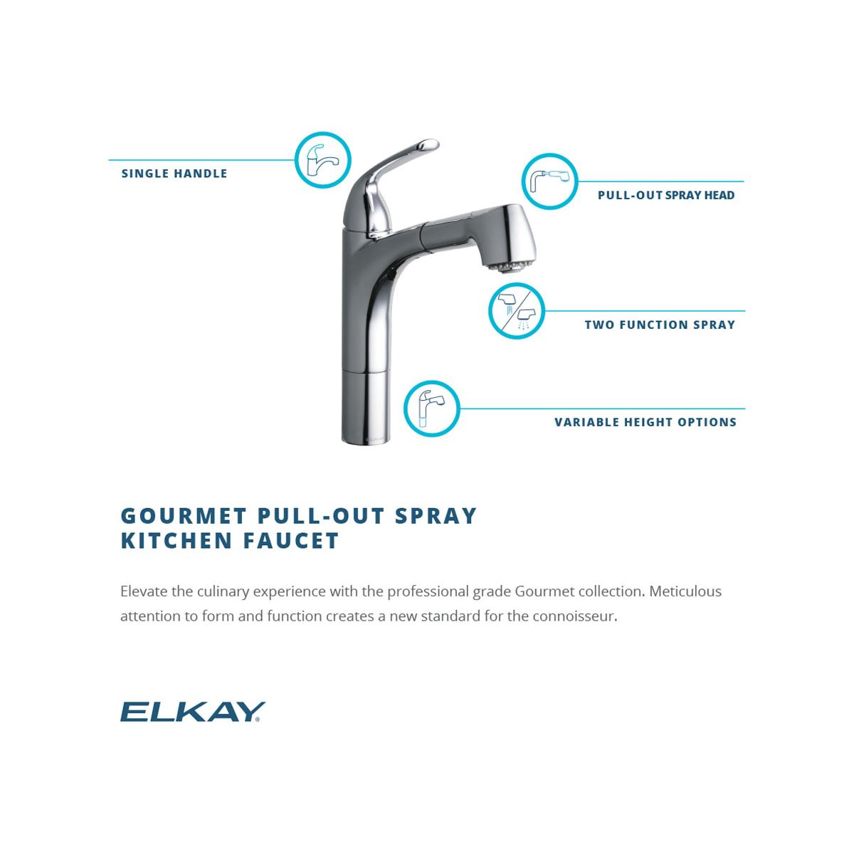 Elkay LKGT1041NK Gourmet Single Hole Kitchen Faucet Pull-out Spray and Lever Handle with Hi and Mid-rise Base Options Brushed Nickel - The Sink Boutique