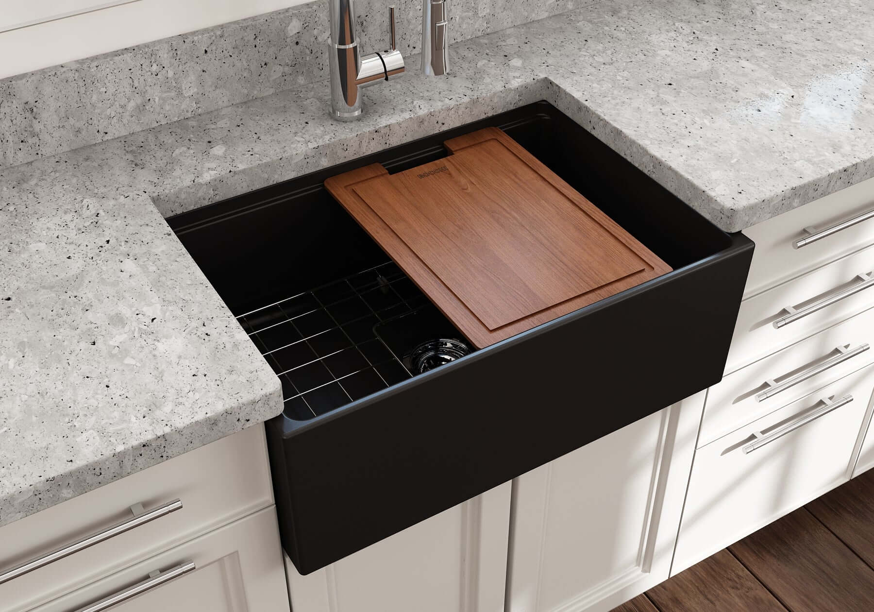 BOCCHI Contempo 27" Fireclay Workstation Farmhouse Sink Kit with Accessories, Matte Black, 1628-004-0120