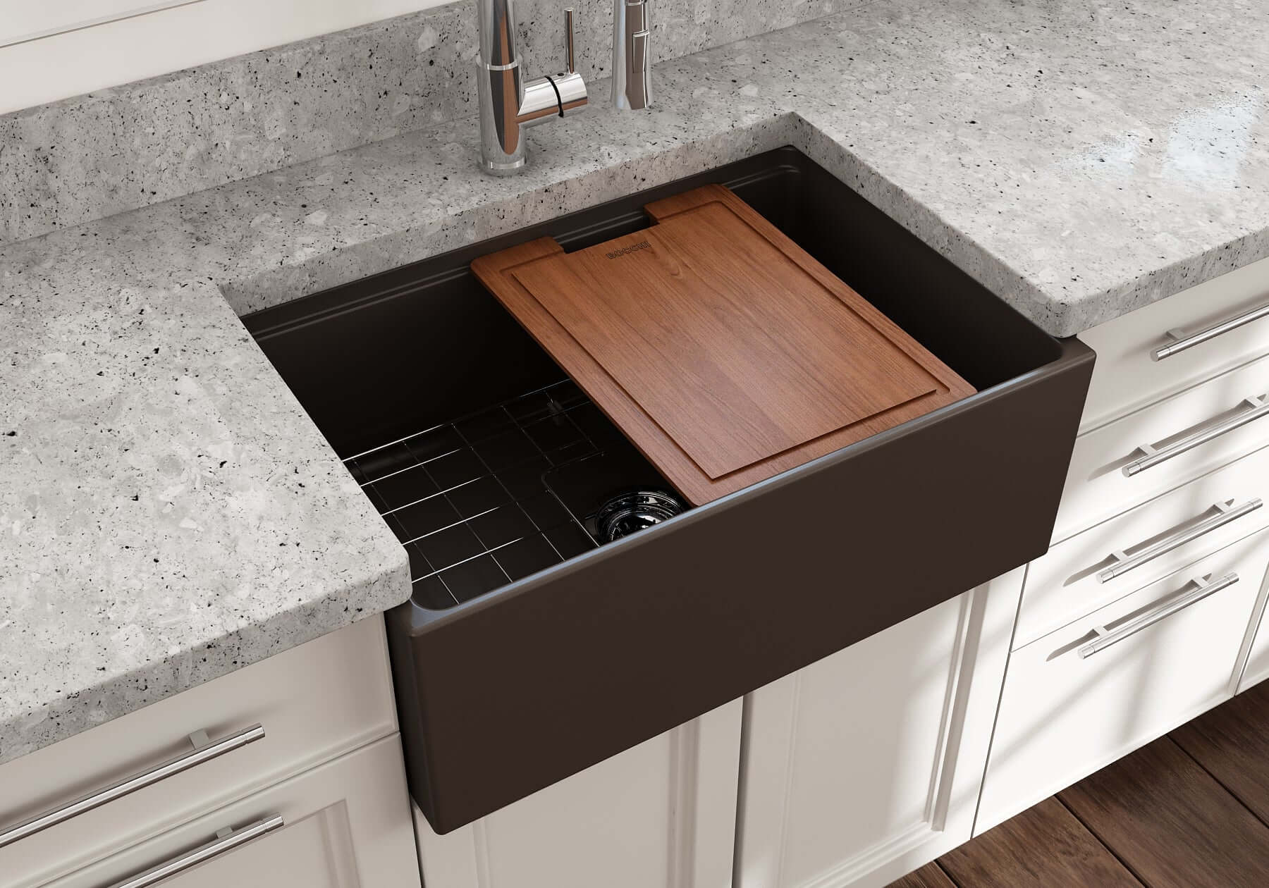 BOCCHI Contempo 27" Fireclay Workstation Farmhouse Sink Kit with Accessories, Matte Brown, 1628-025-0120