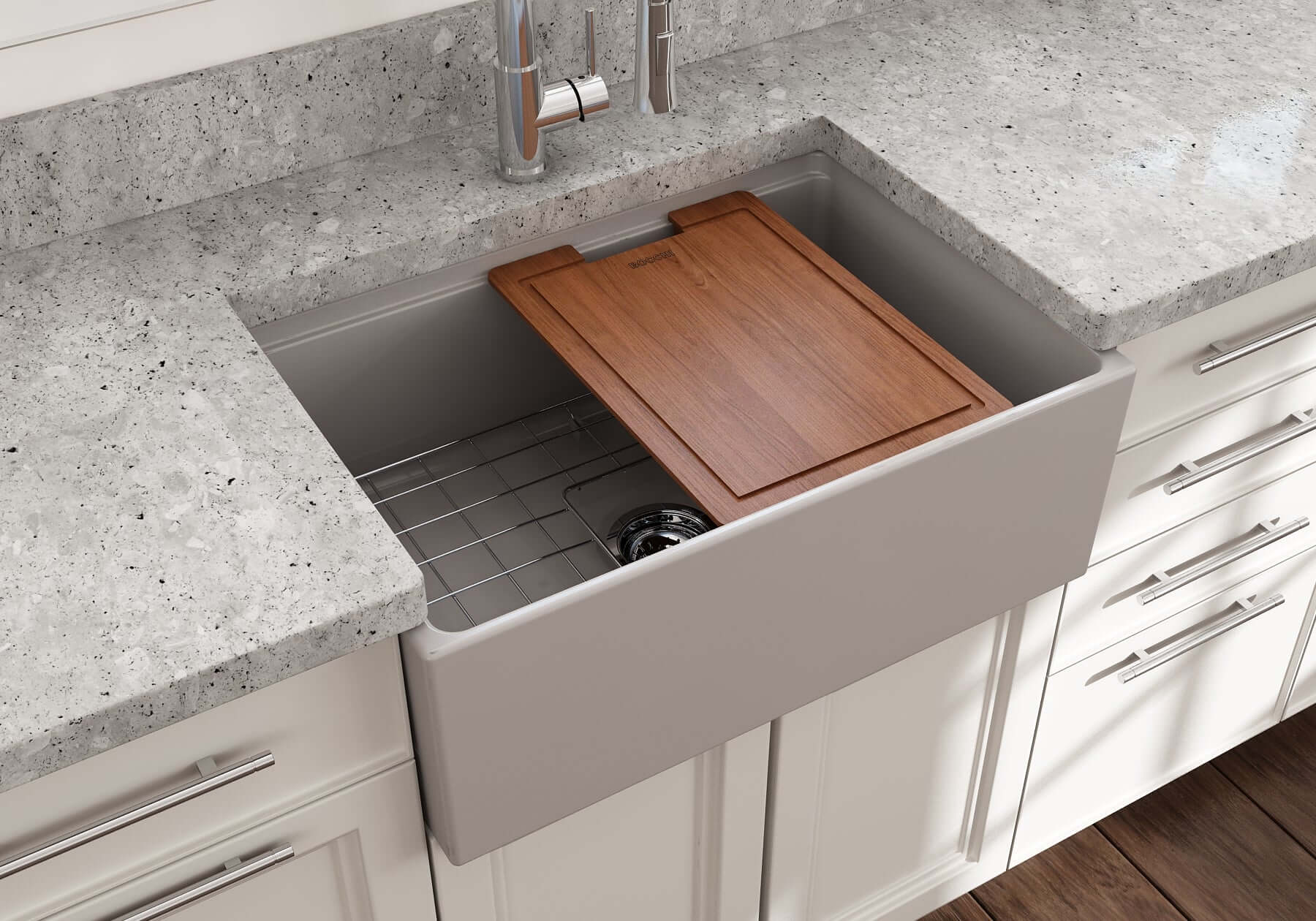 BOCCHI Contempo 27" Fireclay Workstation Farmhouse Sink Kit with Accessories, Matte Gray, 1628-006-0120